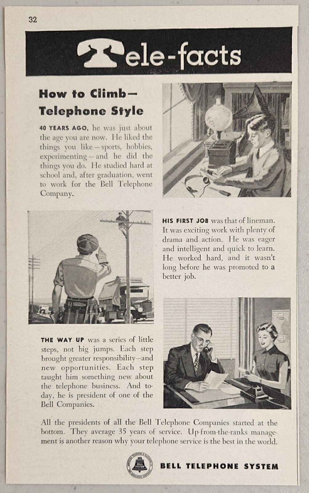 1951 Print Ad Bell Telephone System Lineman to President of Company