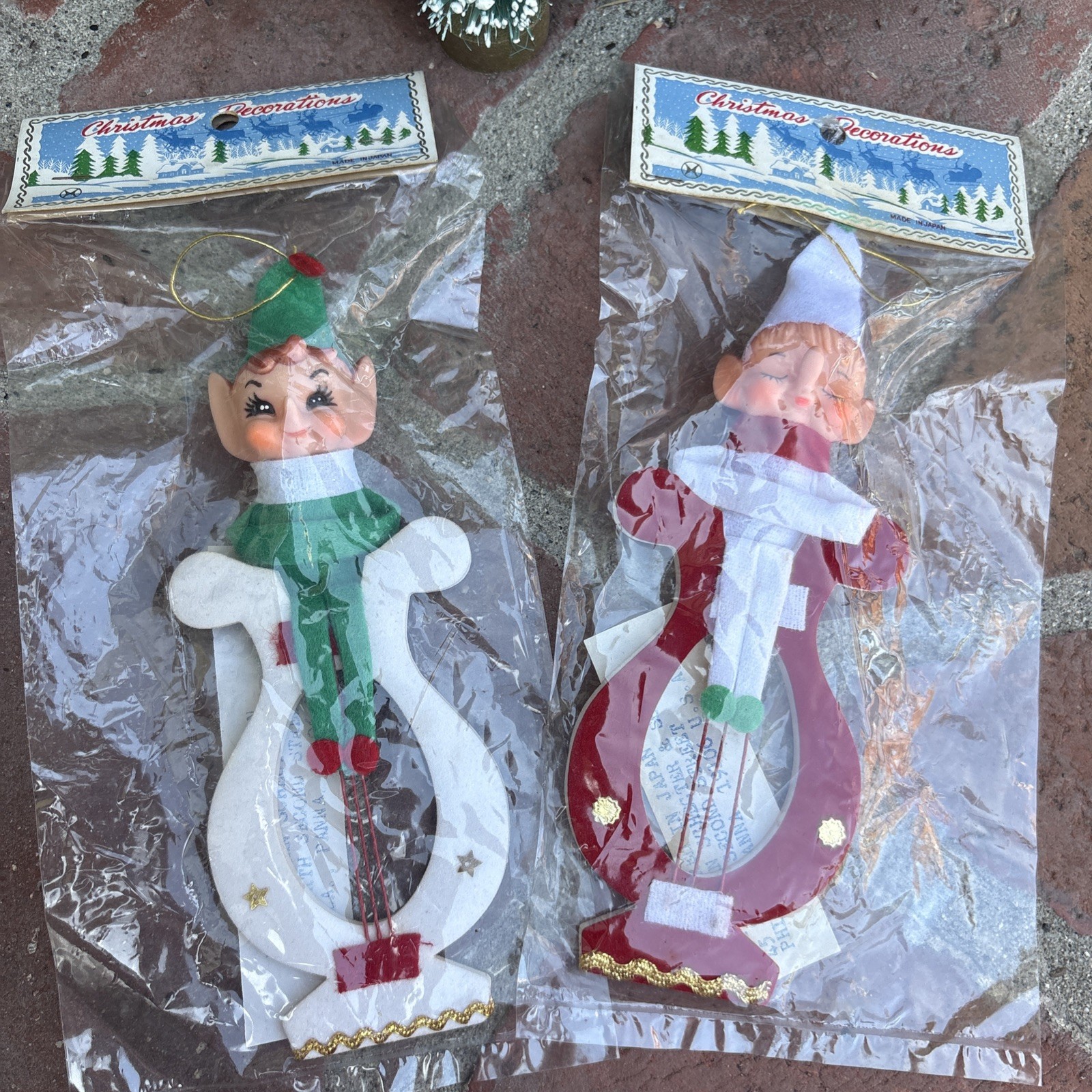 Vintage Christmas Pair Japan Plastic PIXIES Elves Musical Instruments NOS Vintage Christmas Pair Japan Plastic PIXIES Elves Musical Instruments NOS