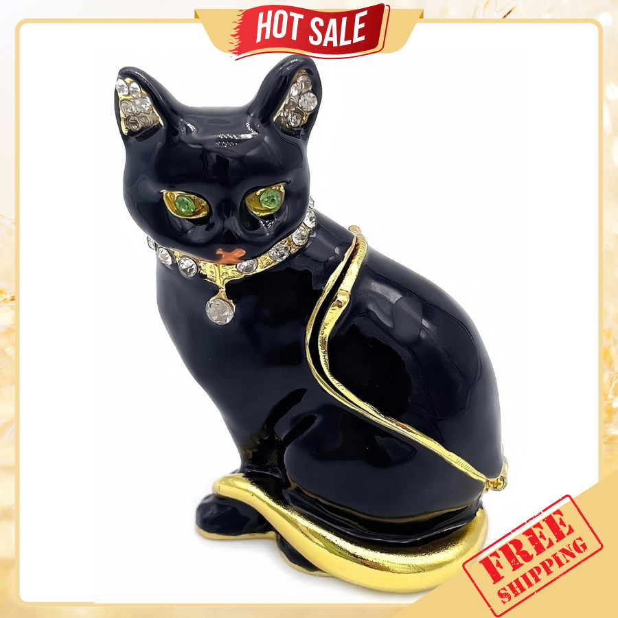 Astyle Luxury Black Cat Hinged Jewelry Box with Crystals.Hand Painted Cat Figuri