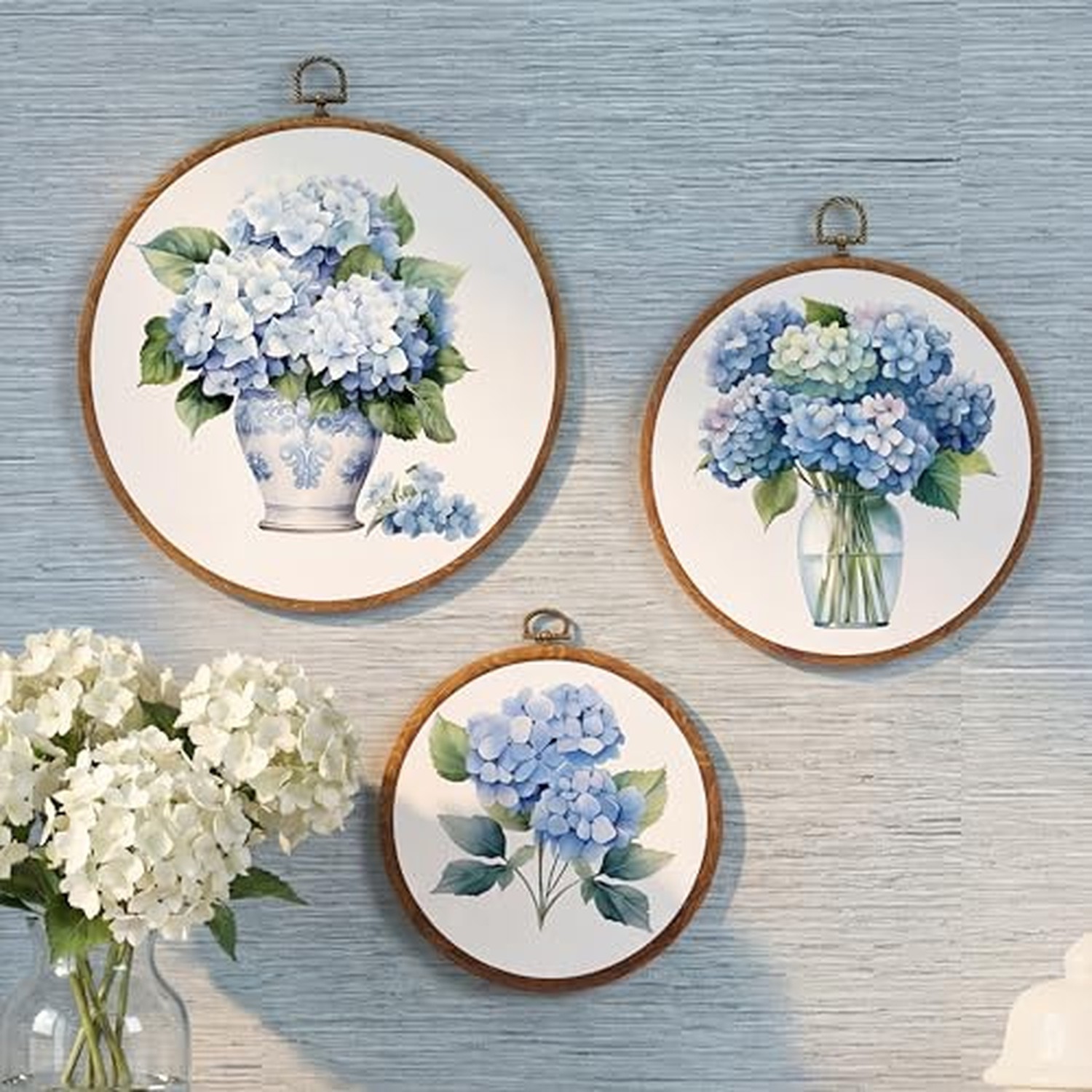 Fiwochic 3 Pcs Round Chinoiserie Blue Hydrangea Canvas Wall Decor Fiwochic 3 Pcs Round Chinoiserie Blue Hydrangea Canvas Wall Decor