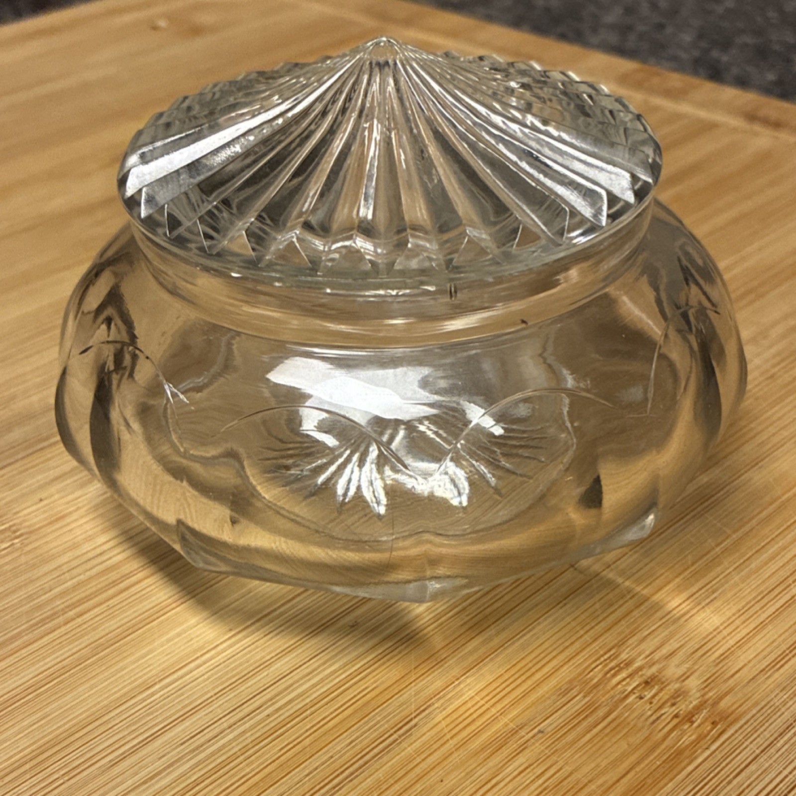 Clear Pressed Glass Lidded Powder Jar Covered Dish with Starburst Lid