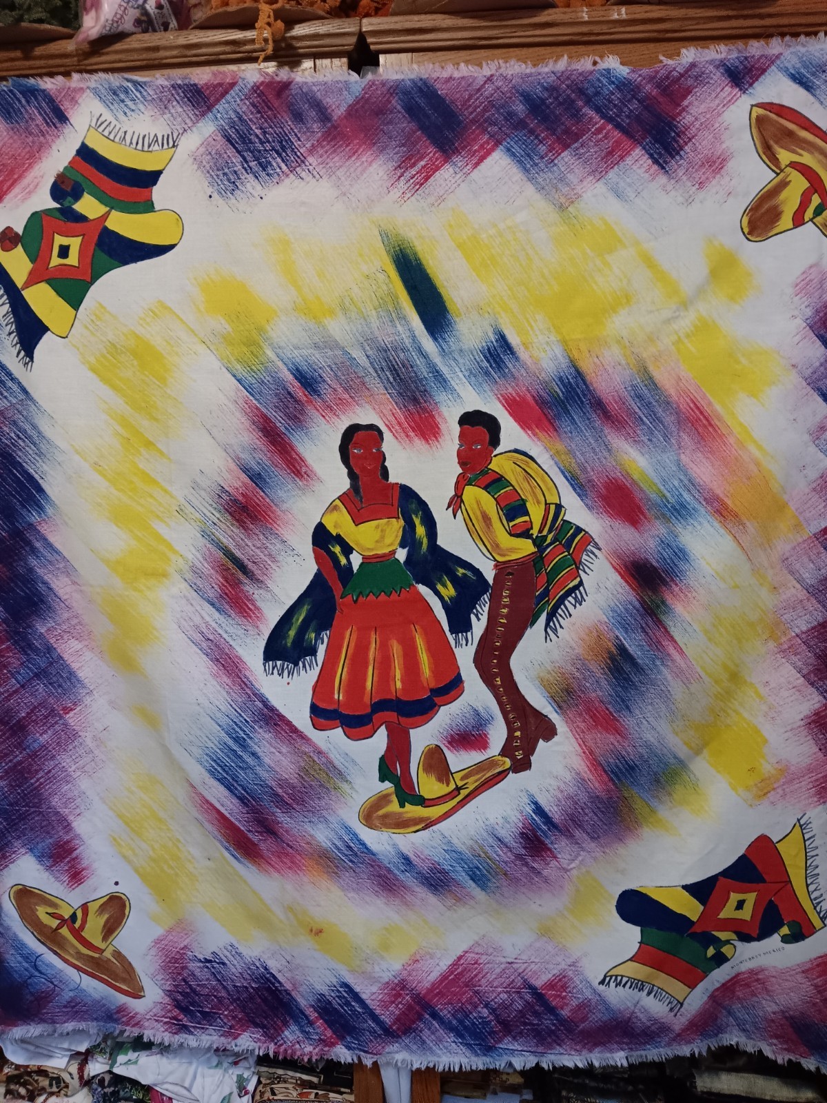 Rare Vintage Tablecloth wall hanging Mexican Hat dance Made in Monterrey Mexico