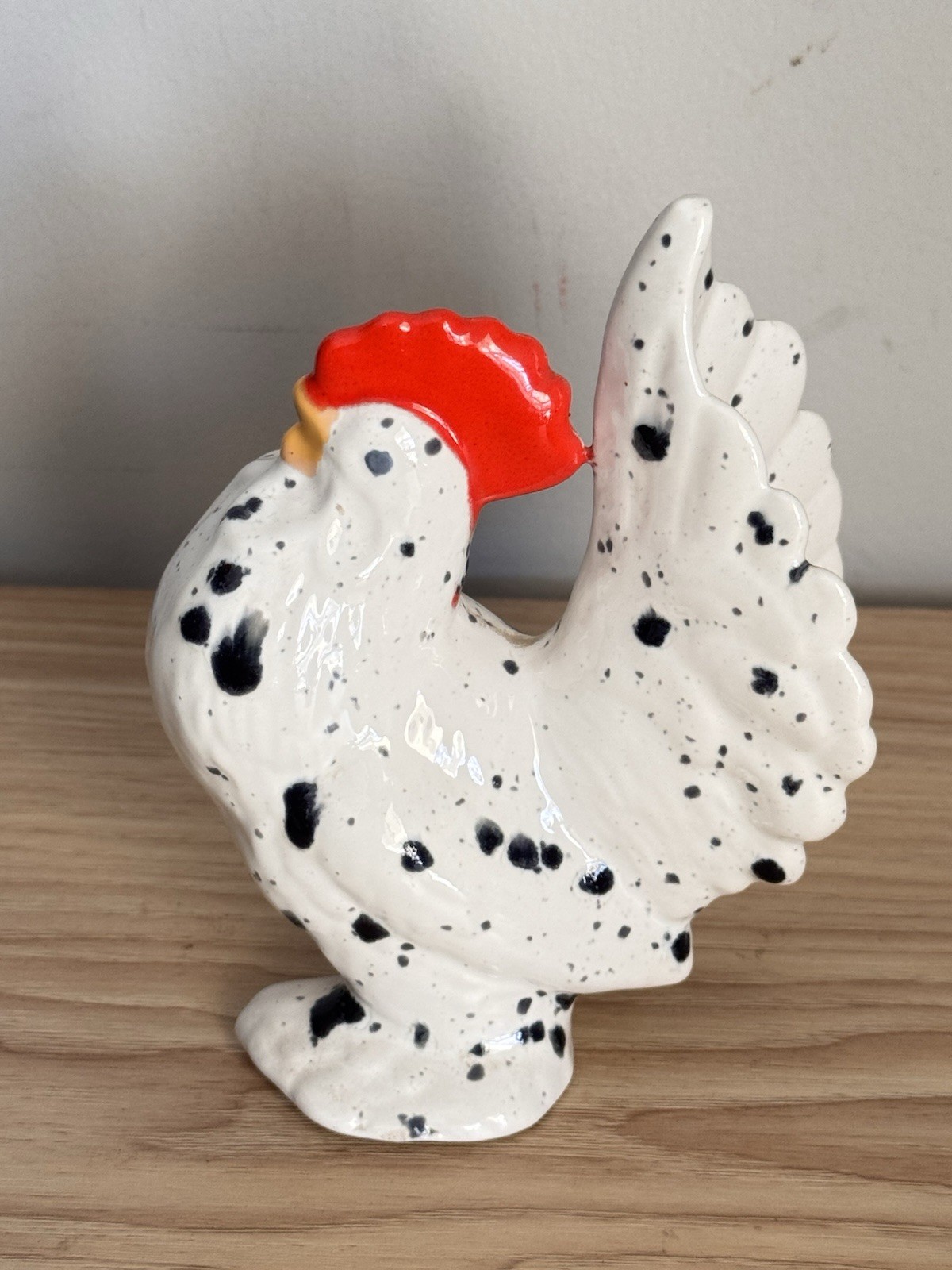 Vintage Ceramic White Chicken Rooster Figurines, Black Speckles Farmhouse Decor