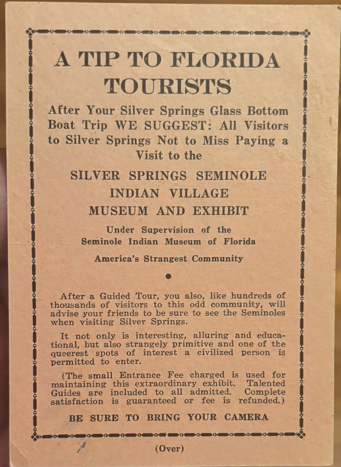 Vintage 1930s Silver Springs Florida Seminole Village Advertising Card