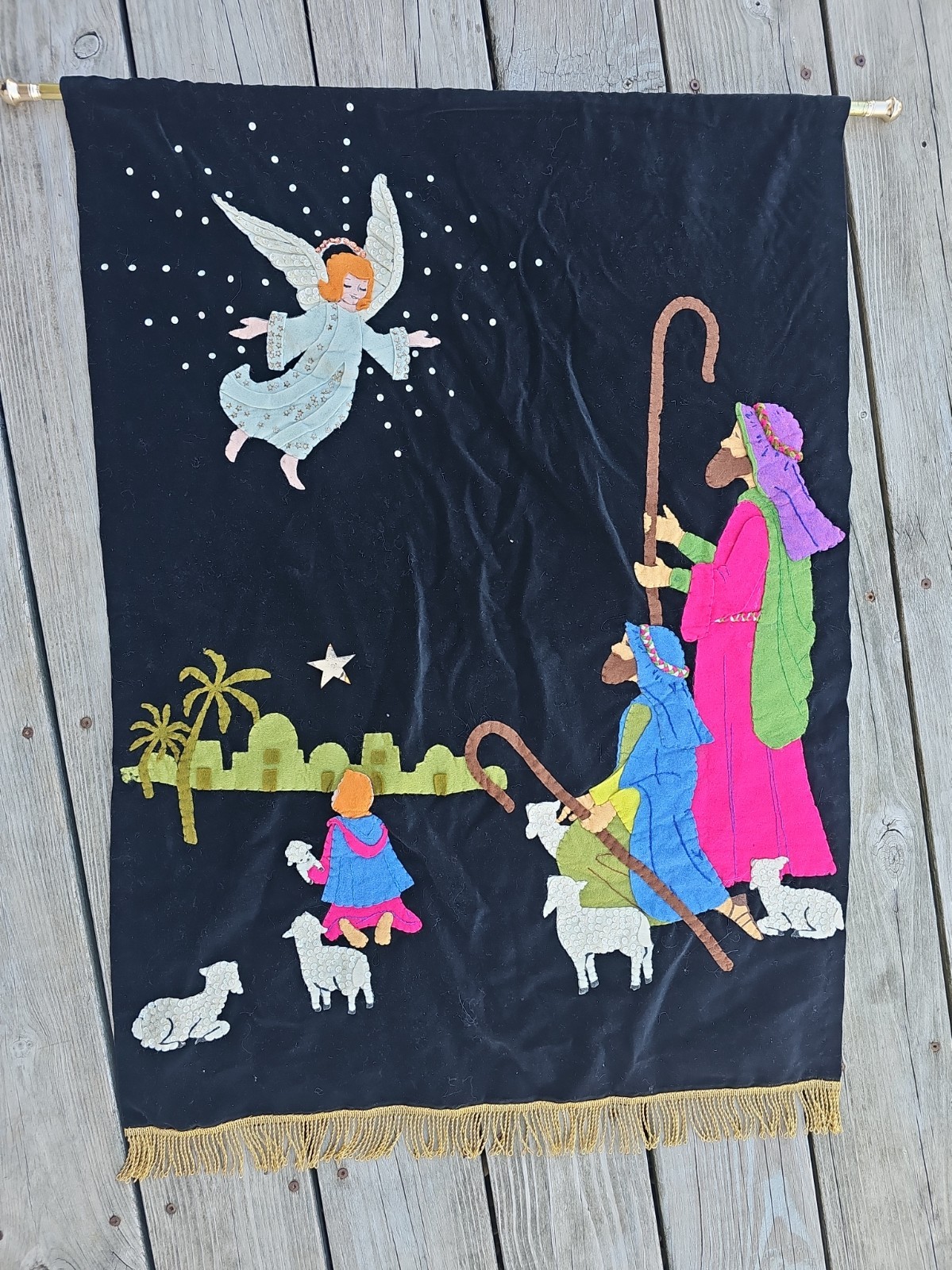 Vintage Edna Looney Nativity Shepherds Velvet Felt Xmas Wall Hanging Complete
