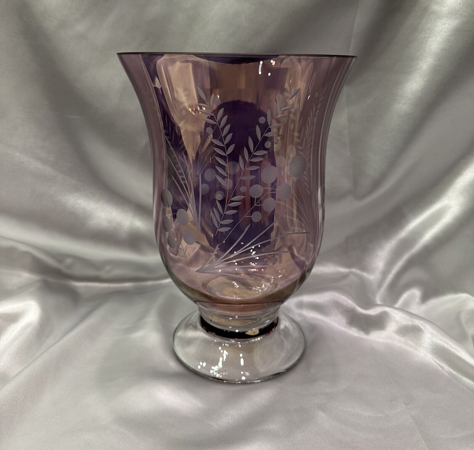 Lenox 9” Crystal Hurricane Vase Amethyst /Iridescent Leaves & Berries EUC