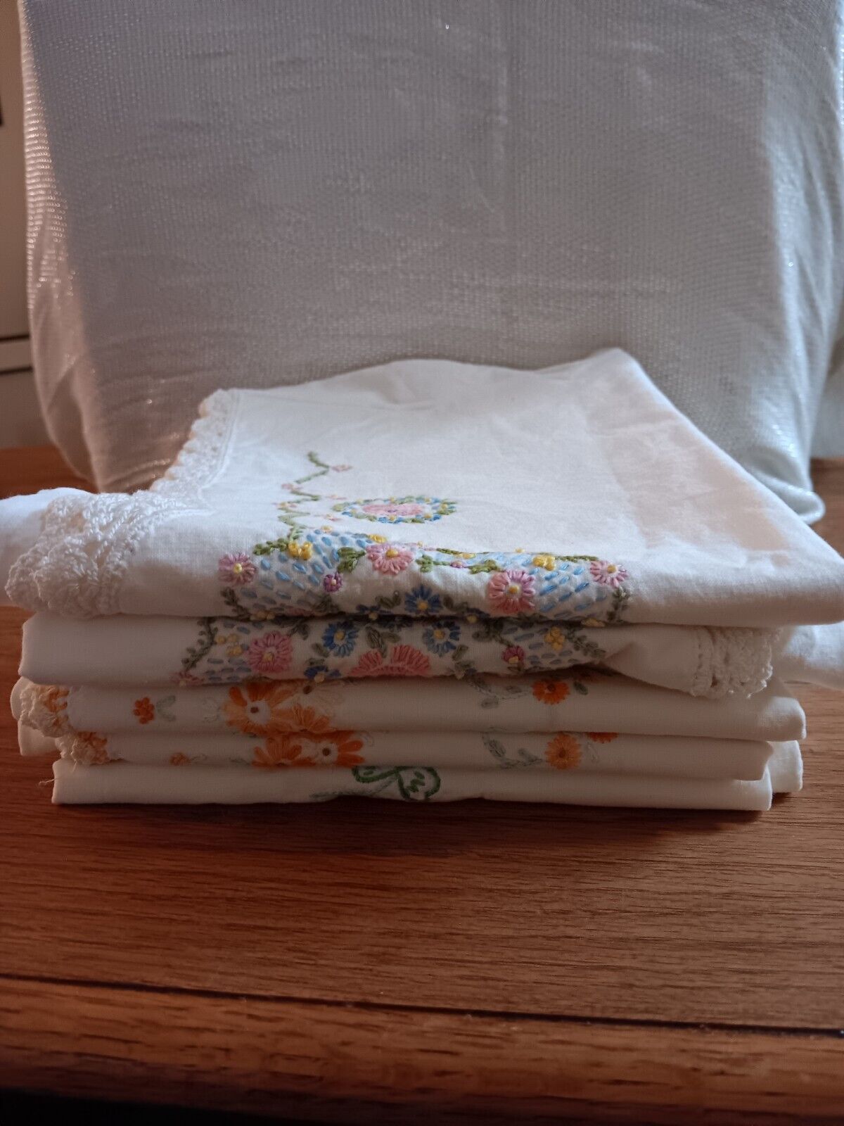 Lot of Five Vintage Hand Crocheted & Embroidered  Pillowcases