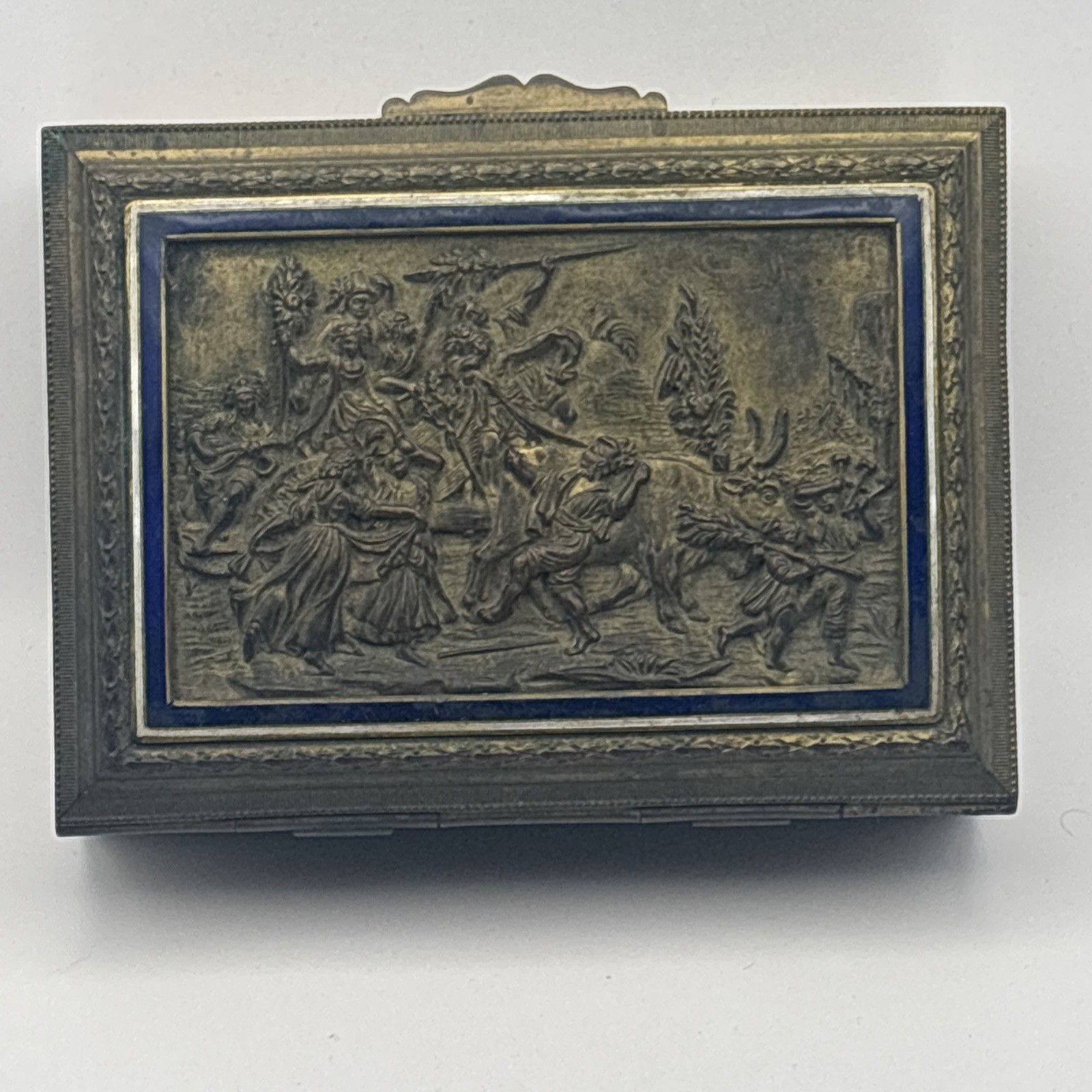 Antique Ovington New York France Brass Repousse Blue Enamel Jewelry Trinket Box