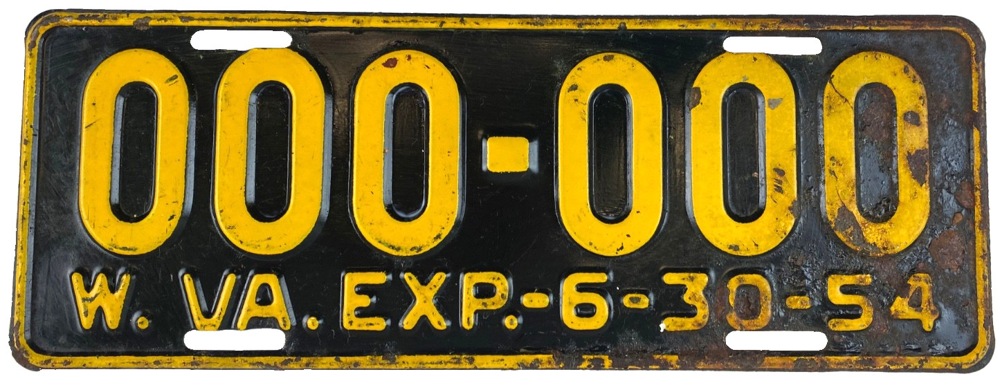 Vintage West Virginia 1954 Sample Auto License Plate 000-000 Garage Wall Decor