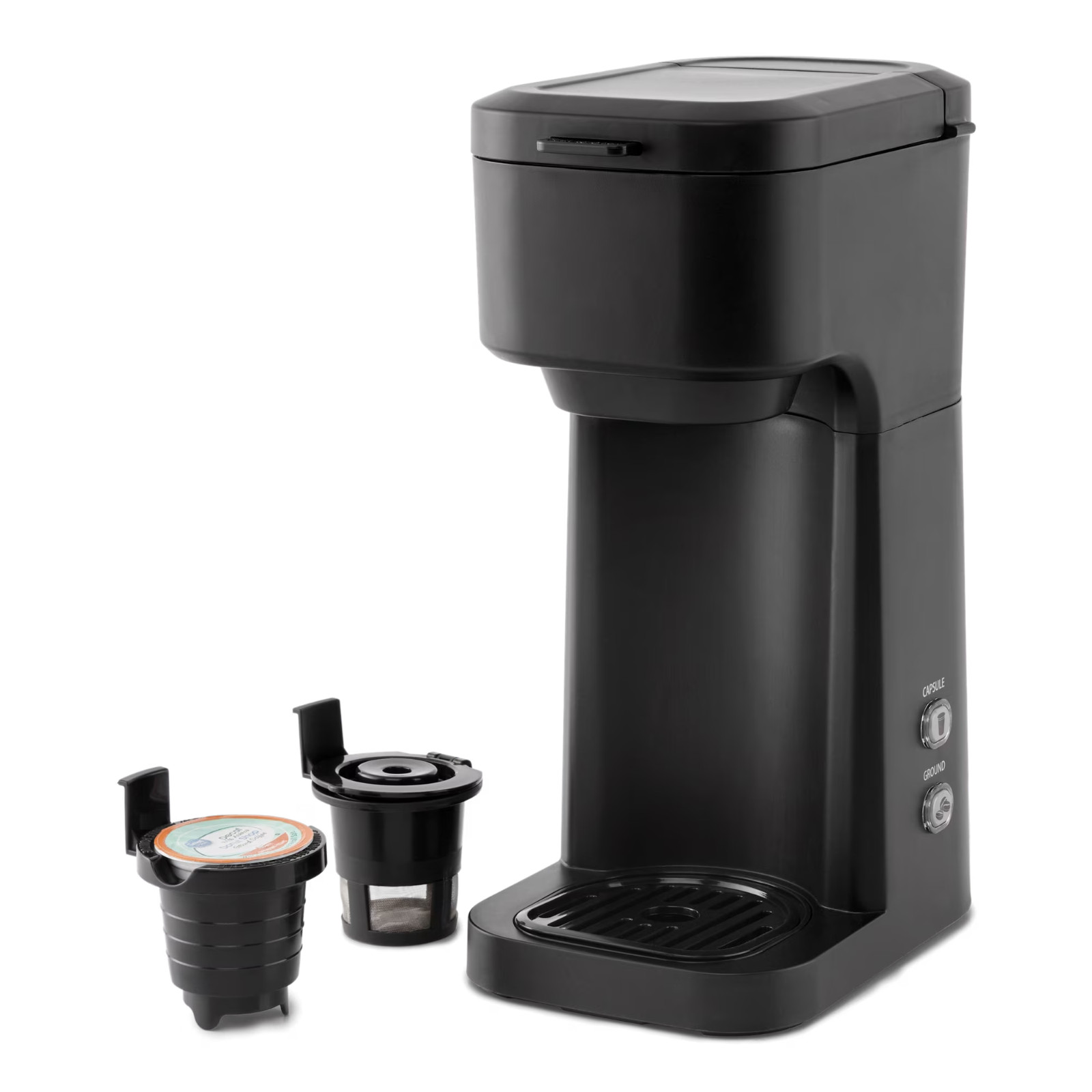 Mainstays Black Dual Brew Coffee Maker, Single Serve, Auto Shutoff, 14 oz Reserv