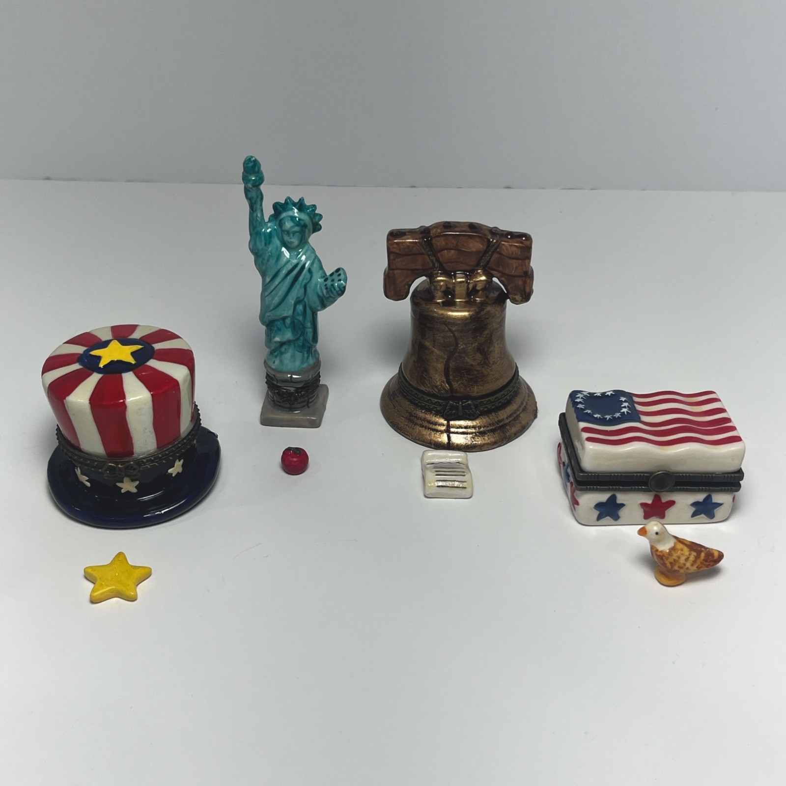 Vintage Patriotic Porcelain Hinged Trinket Box Lot 4pc. Hat, Liberty, Bell, Flag