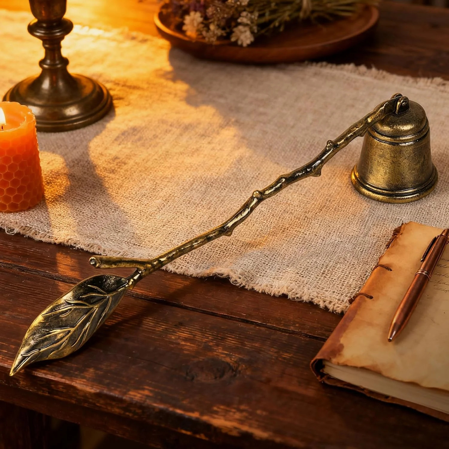 Vintage Leaf Candle Snuffer, Antique Gold Resin, 7.87 Inch Handle with 1.38 Inch