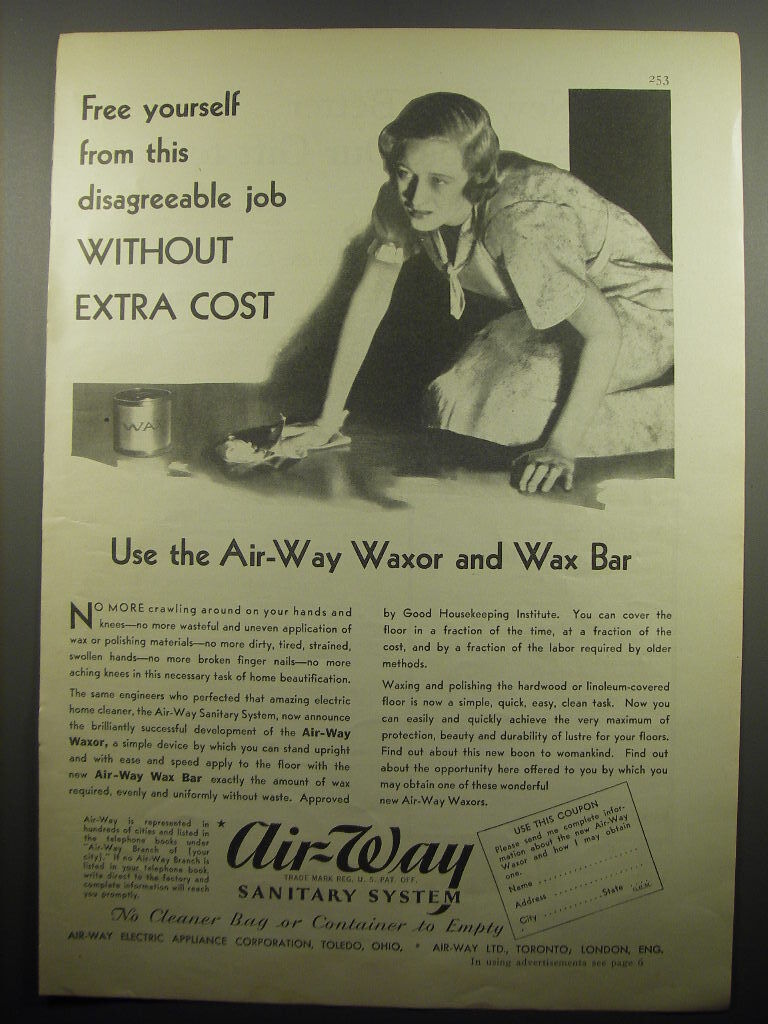 1932 Air-Way Waxor and Wax Bar Ad - Free yourself from this disagreeable job
