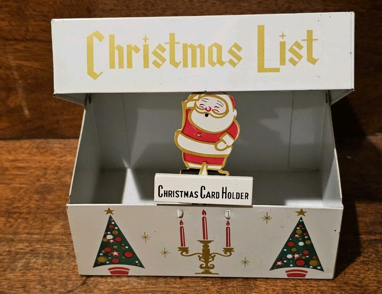 Rare Vintage MCM Trees Pop Up Santa Christmas Card List Metal Box Tin 3x5 Rare Vintage MCM Trees Pop Up Santa Christmas Card List Metal Box Tin 3x5