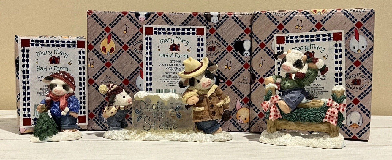Enesco Mary Mary Had A Farm - Lot Of 3 Cow Themed Figurines DECK THE STALLS NIB