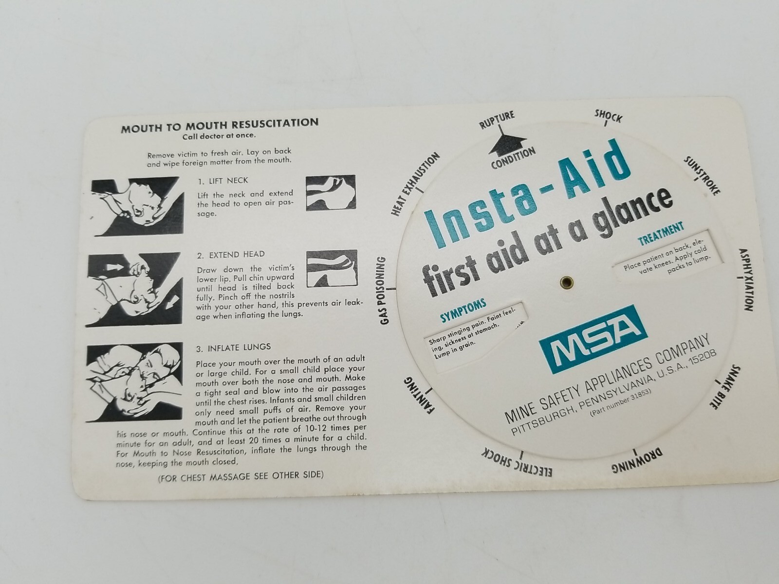 MSA Mine Safety Appliances CO Spinner Insta-Aid Card Injury & Condition  Vintage