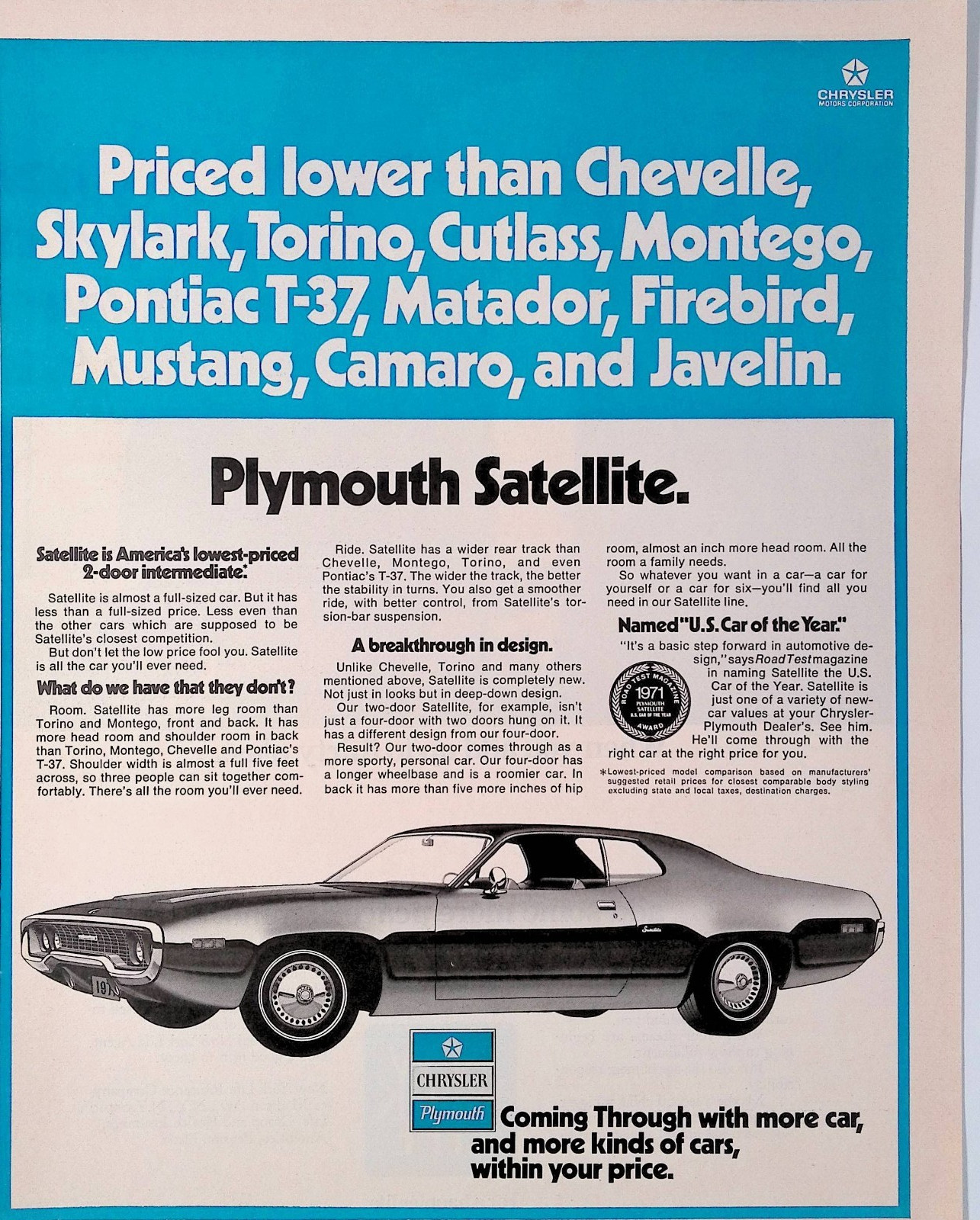 1971 Chrysler Plymouth Satellite Priced Lower than Vintage Print Ad Life April16