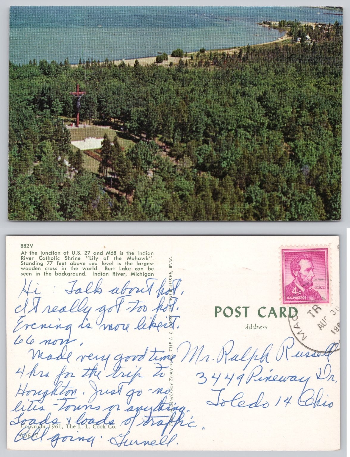 Indian River Michigan Catholic Shrine Lily of Mohawk Burt Lake 1961 Postcard