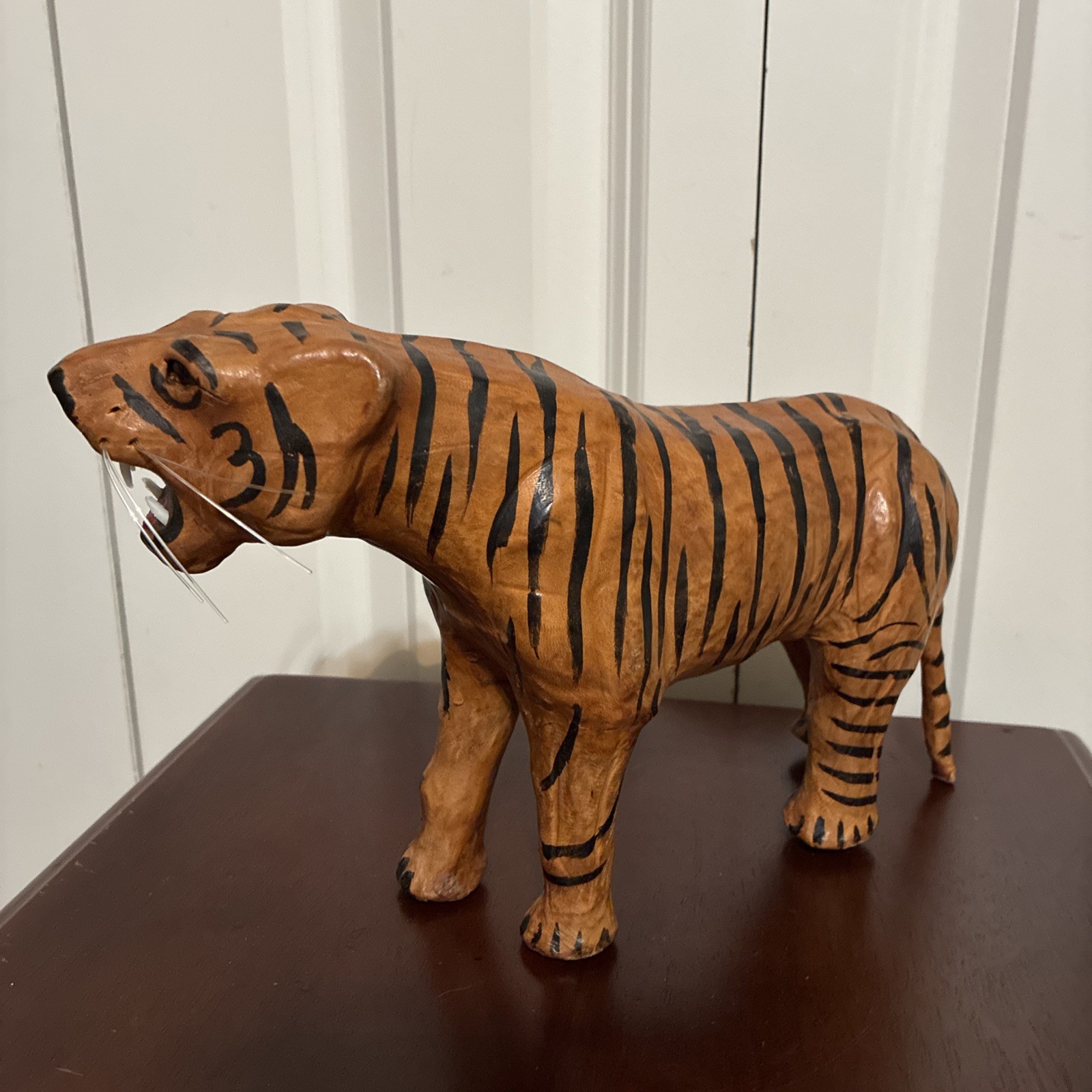 Vintage Leather Wrapped Bengal Tiger Papier-mache Glass Eyes Mid Century MCM