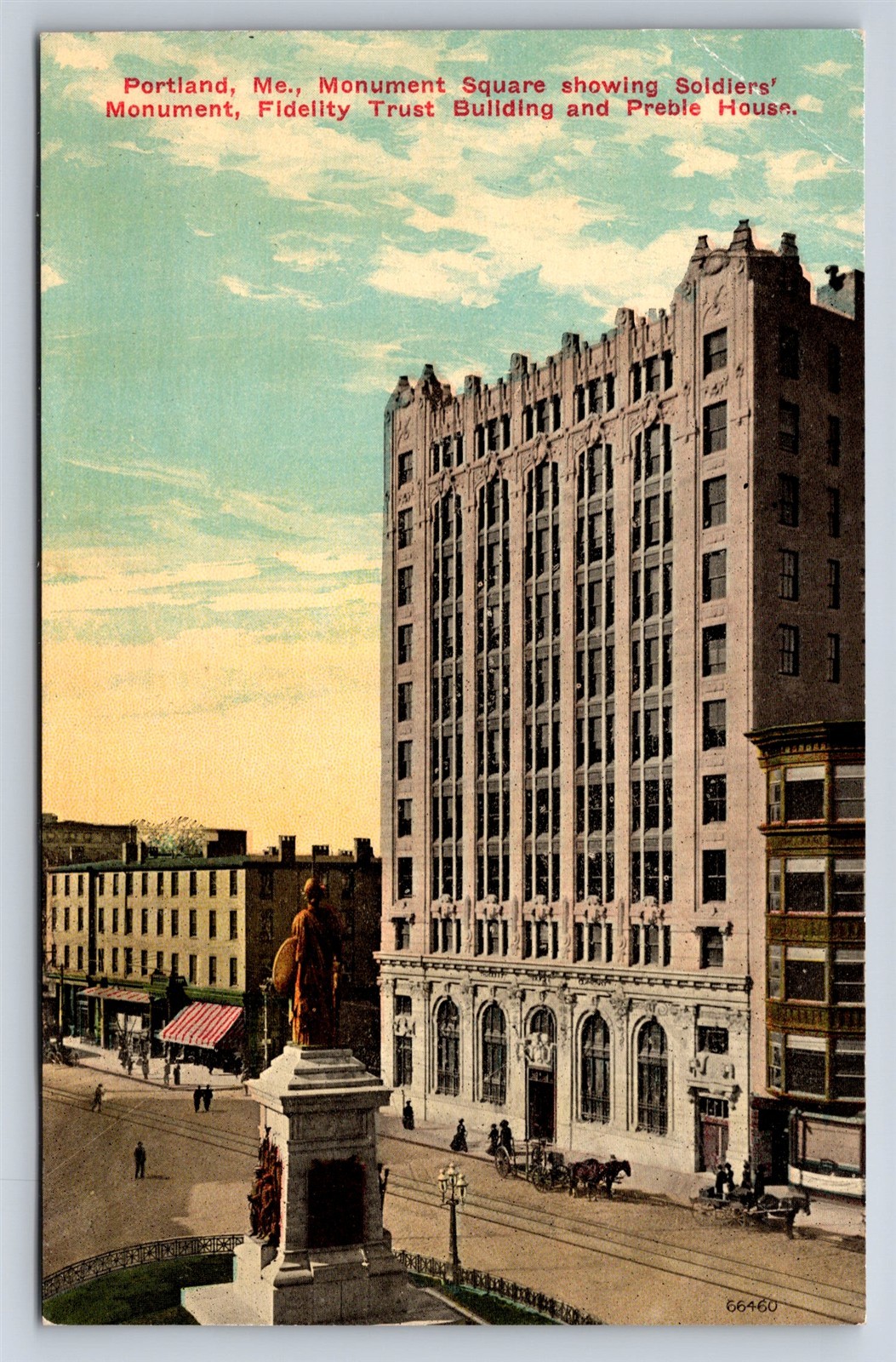 Postcard ME Portland Maine Soldiers Monument Square Fidelity Trust c1908 BB5