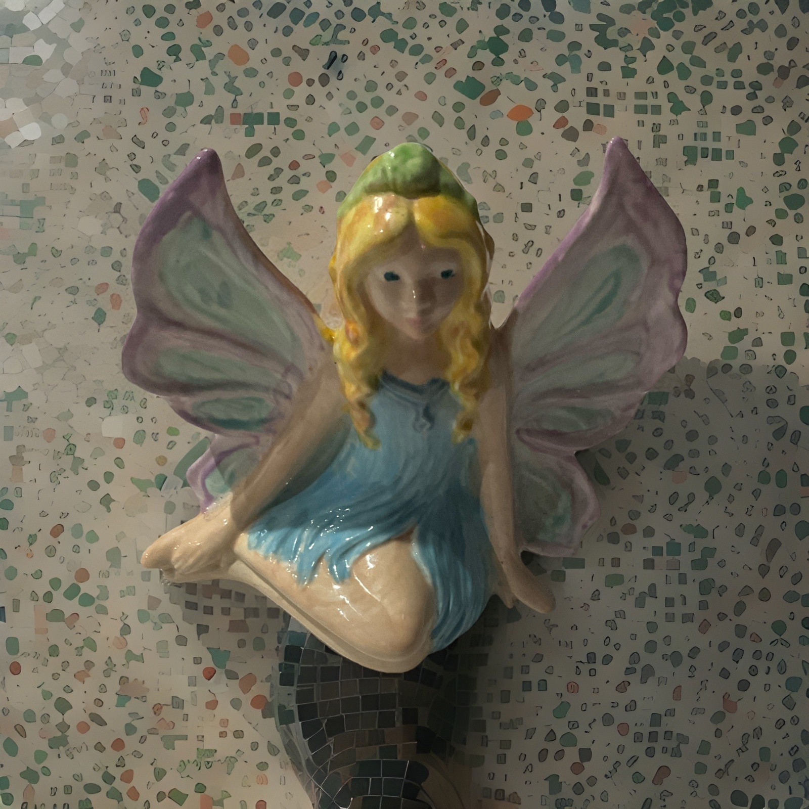 Ceramic Seated Winged Fairy Figurine, Blue Dress with Purple Wings