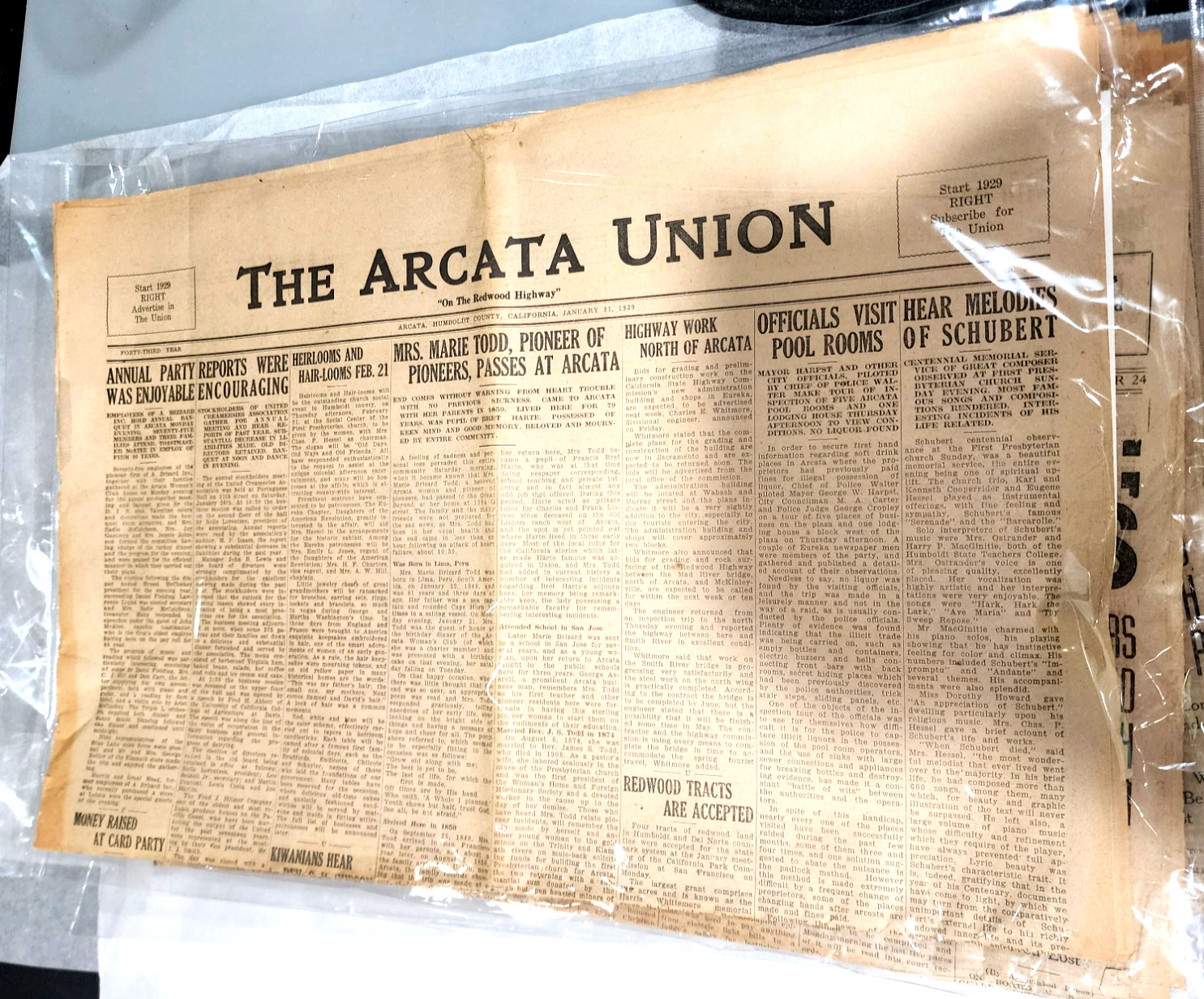 Vintage 1929 Arcata Union Newspaper Humboldt County California History