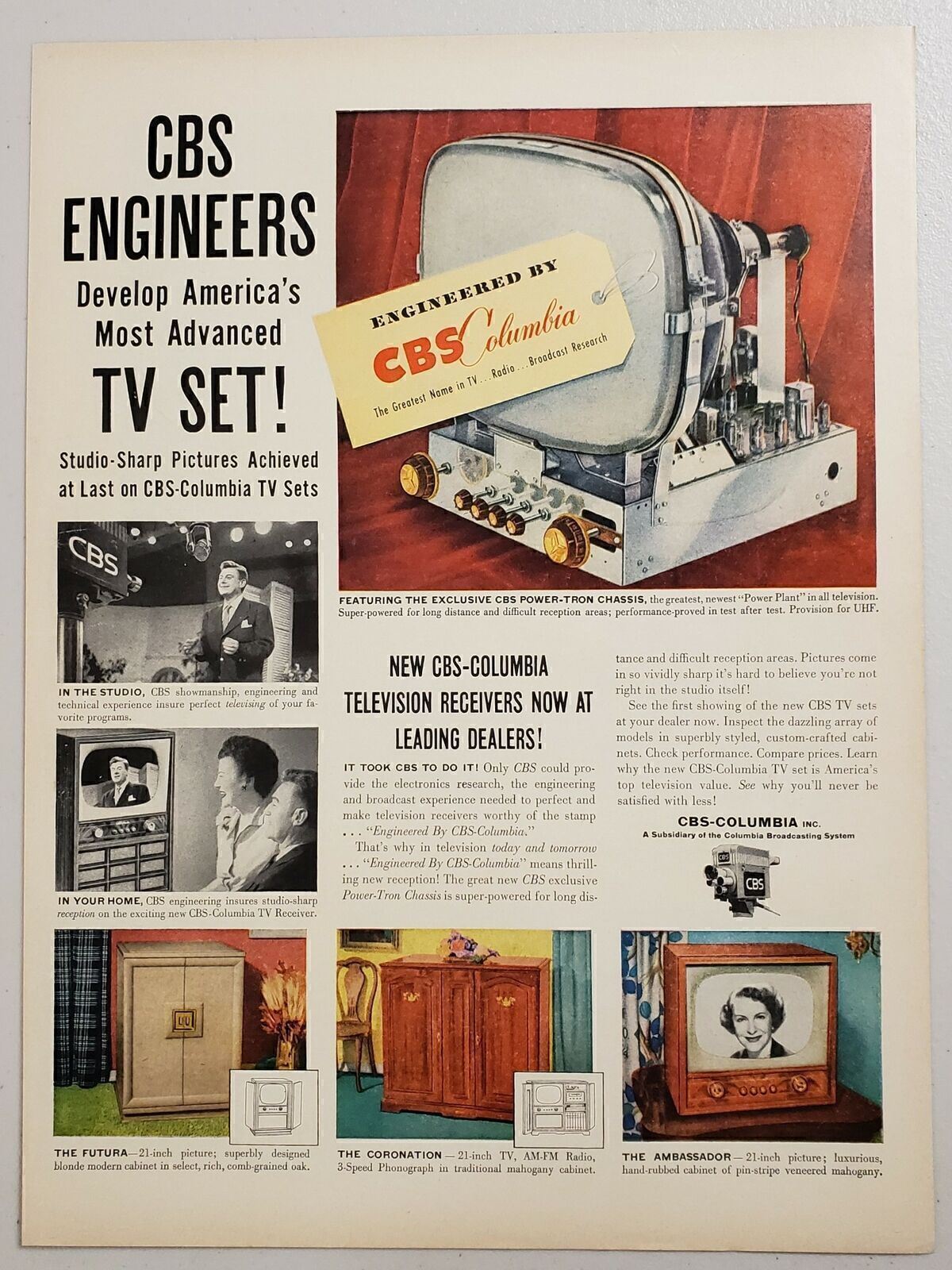 1952 Print Ad CBS-Columbia Television Receivers Developed by Engineers TV Set