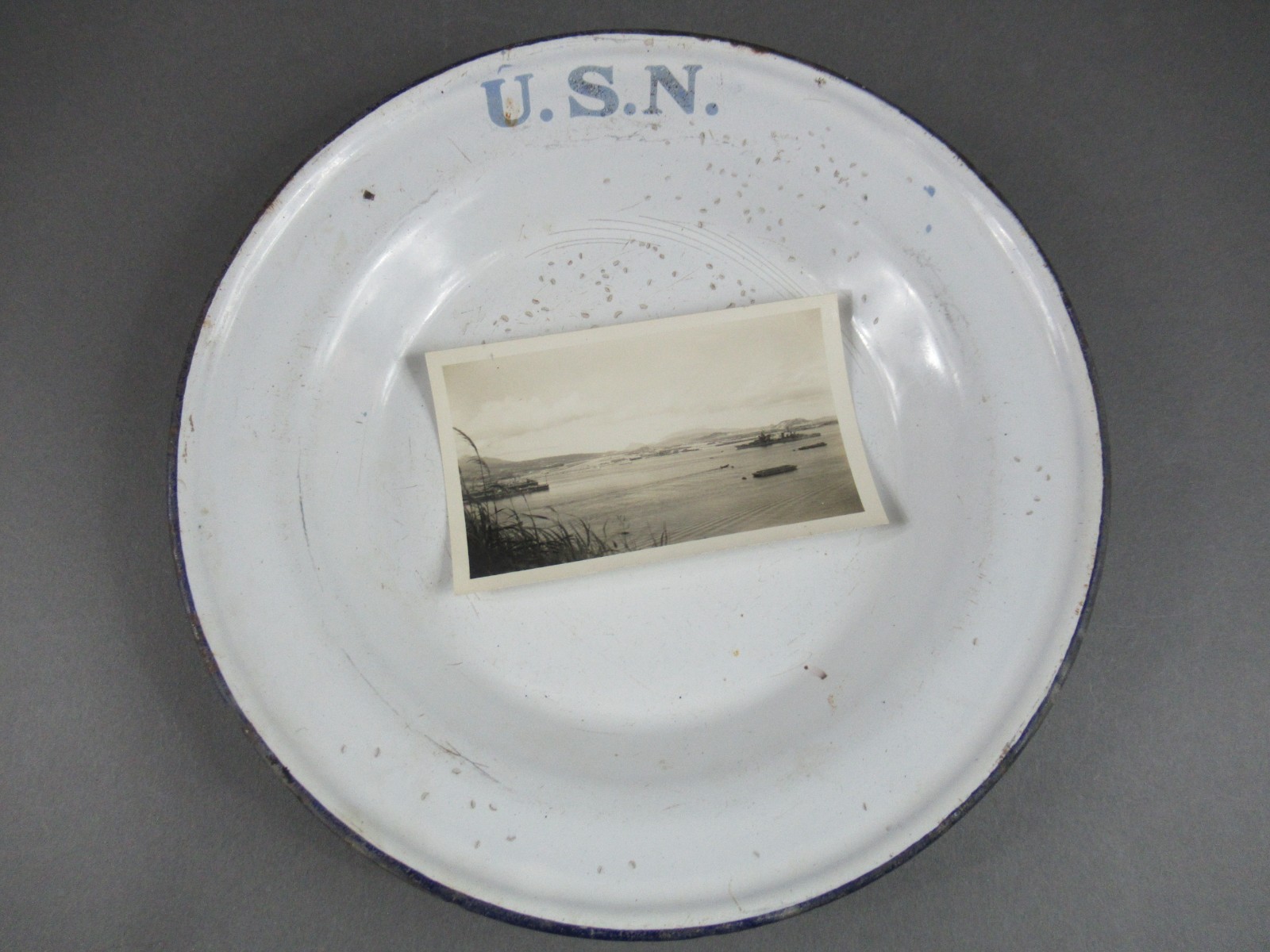 Rare Survivor, a U.S. Navy Enameled Dinner Soup Plate w/ B & W Photo Battleship