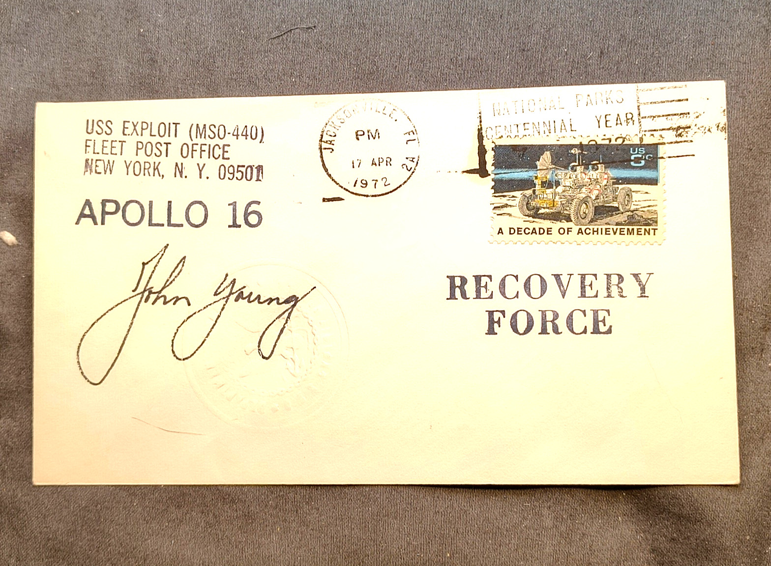 Apollo 16 Recovery Cover USS Exploit Signed John Young Moonwalker 1972