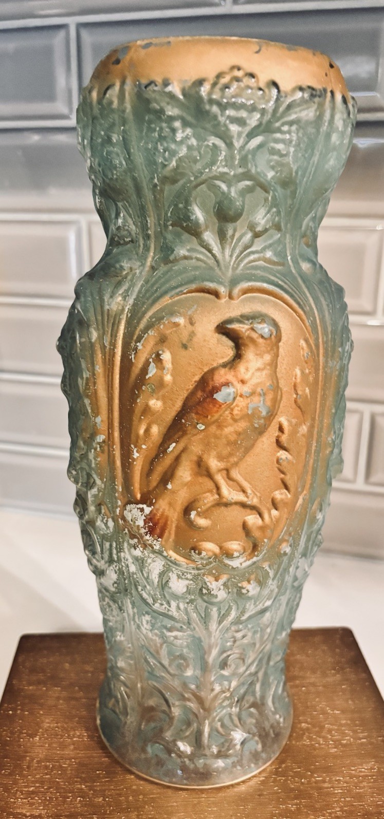 Antique 1920s Goofus Glass BIRD & FLOWERS Gold & Turquoise sprayed Vase 12\