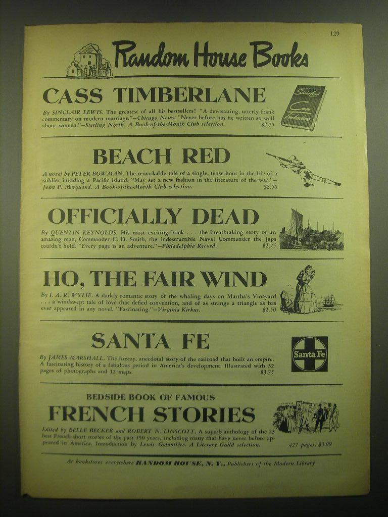 1945 Random House Books Ad - Cass Timberlane by Sinclair Lewis, Beach Red 1945 Random House Books Ad - Cass Timberlane by Sinclair Lewis, Beach Red