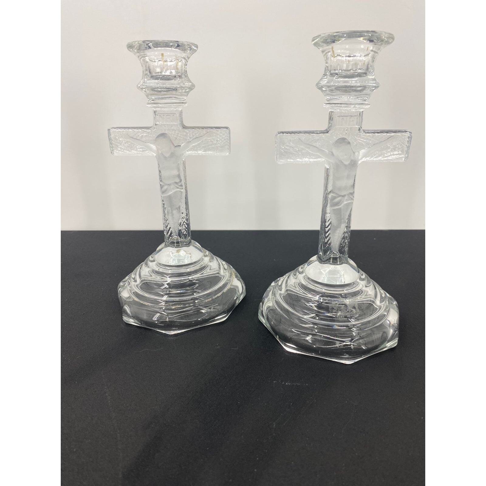 Glass Crucifix Candlestick Pair, Pressed Glass Religious Candleholder Jesus