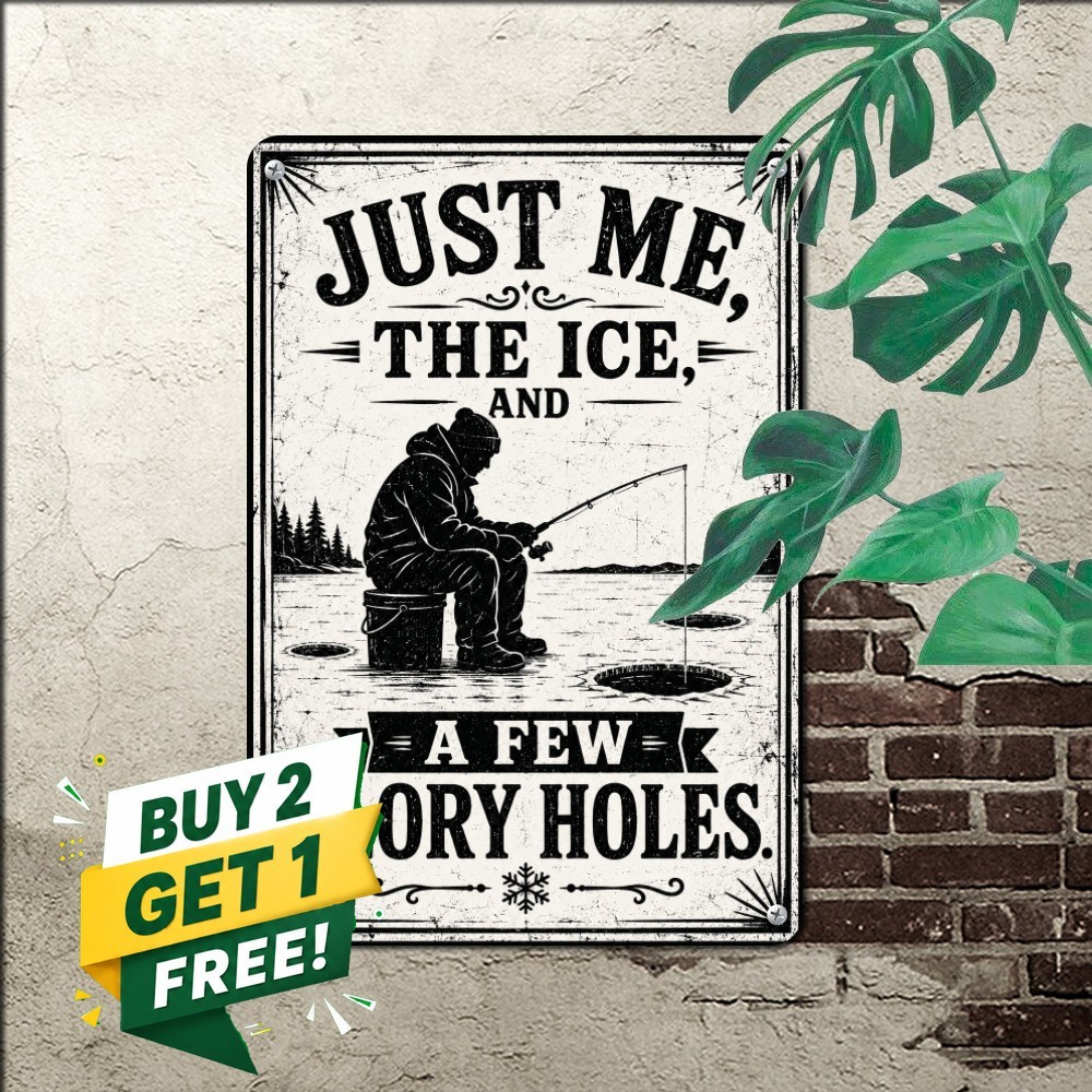 Ice Fishing Holes Frozen Lake Tin Sign Funny Winter Angler Wall Plaque