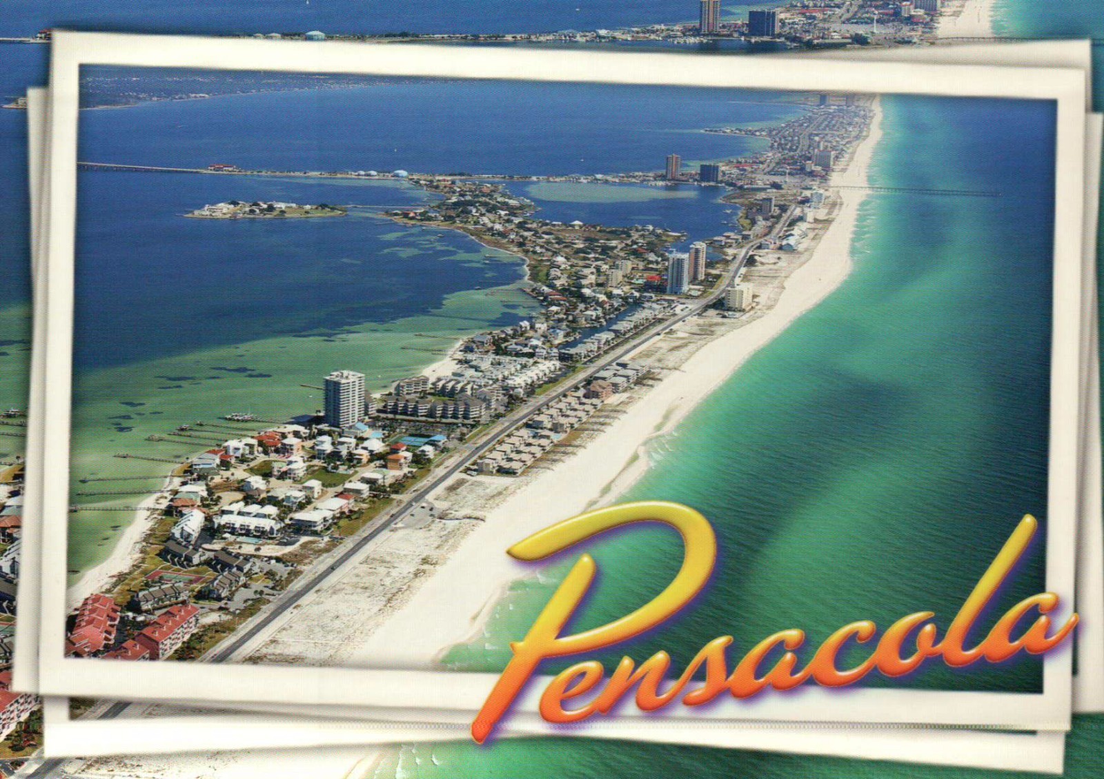 Aerial View of Pensacola Beach Florida, Beach Hotels Ocean Bridge FL -- Postcard