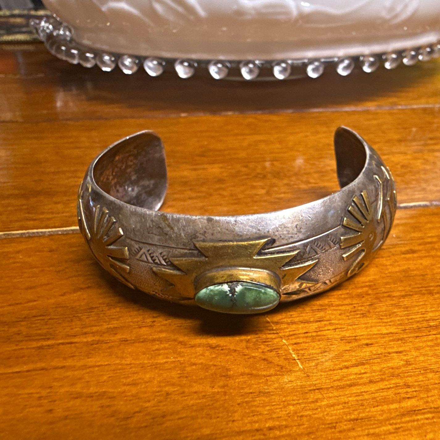Sterling Silver Turquoise Native American US Signed RJ Cuff Bracelet