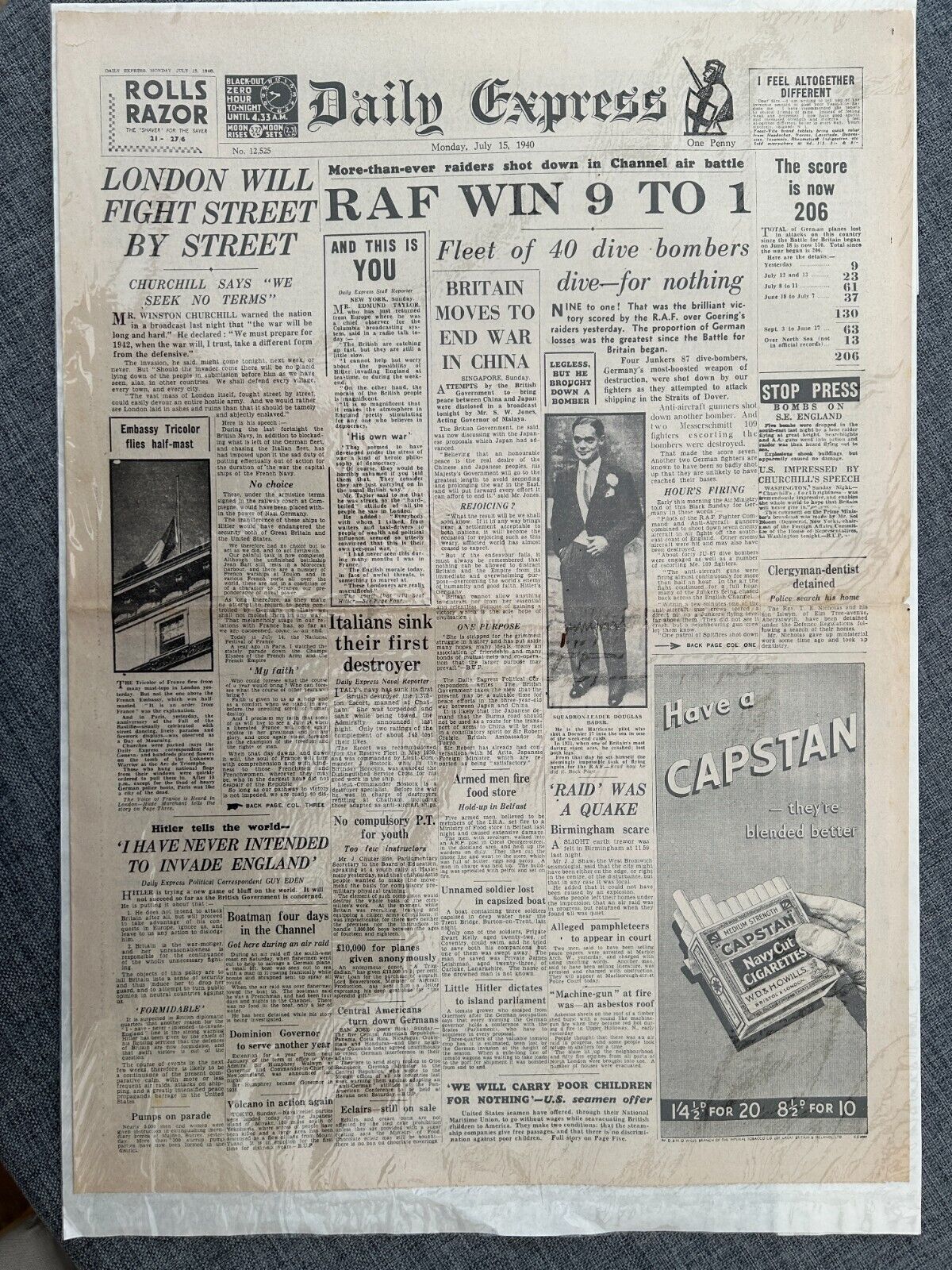 WW2 BATTLE BRITAIN RAF DOUGLAS BADER DAILY EXPRESS 1940 VINTAGE NEWSPAPER