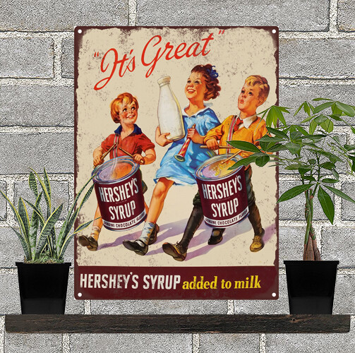 1940s Hershey\'s Syrup add milk kids drums bottle Metal Repro Sign 9x12 60800