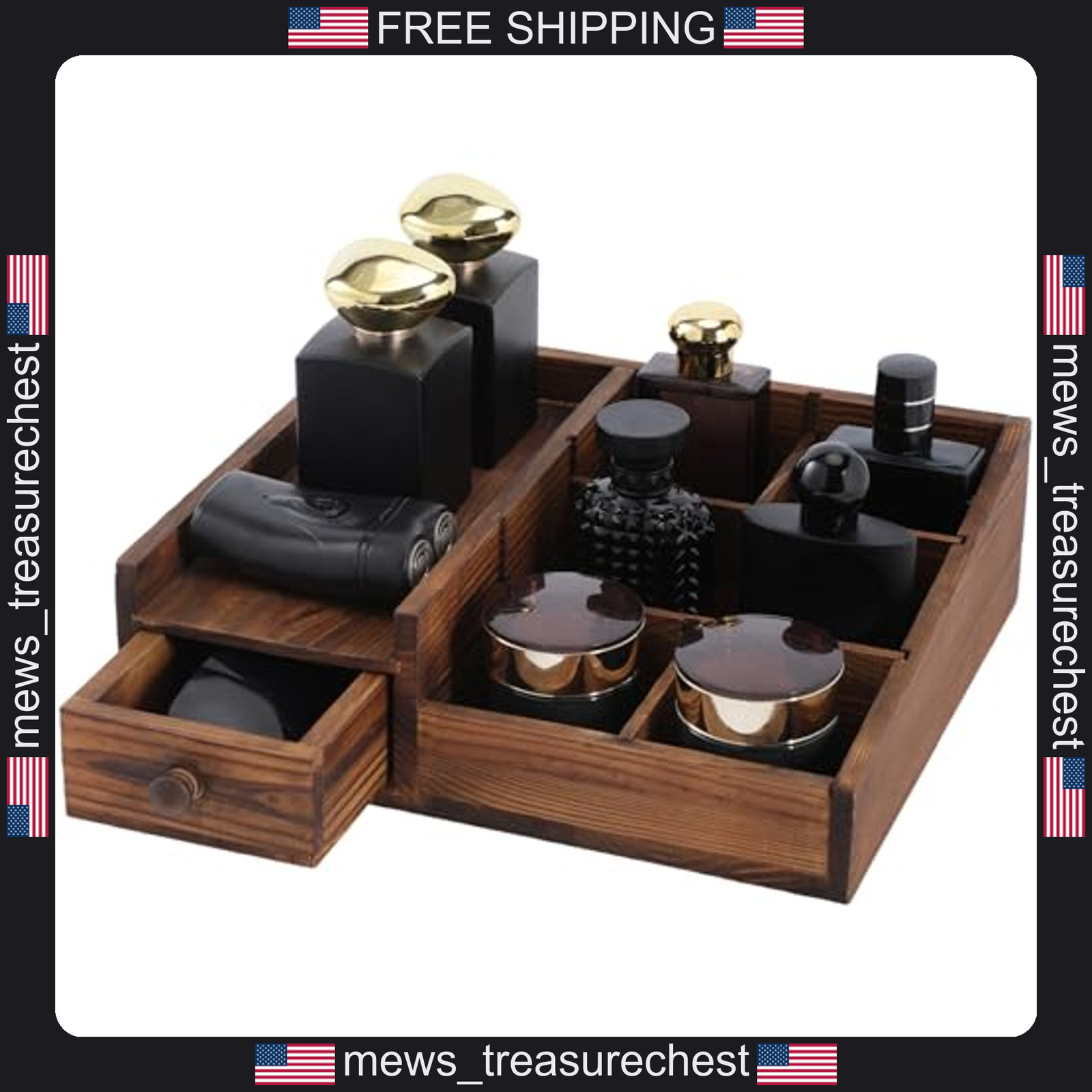 Wooden Men’s Cologne Organizer with Adjustable Compartments for Bathroom