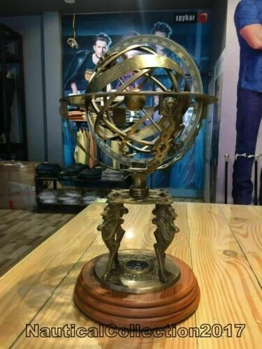 Brass Armillary Sphere Large Engraved 18 Inches Lion World Globe Sundial