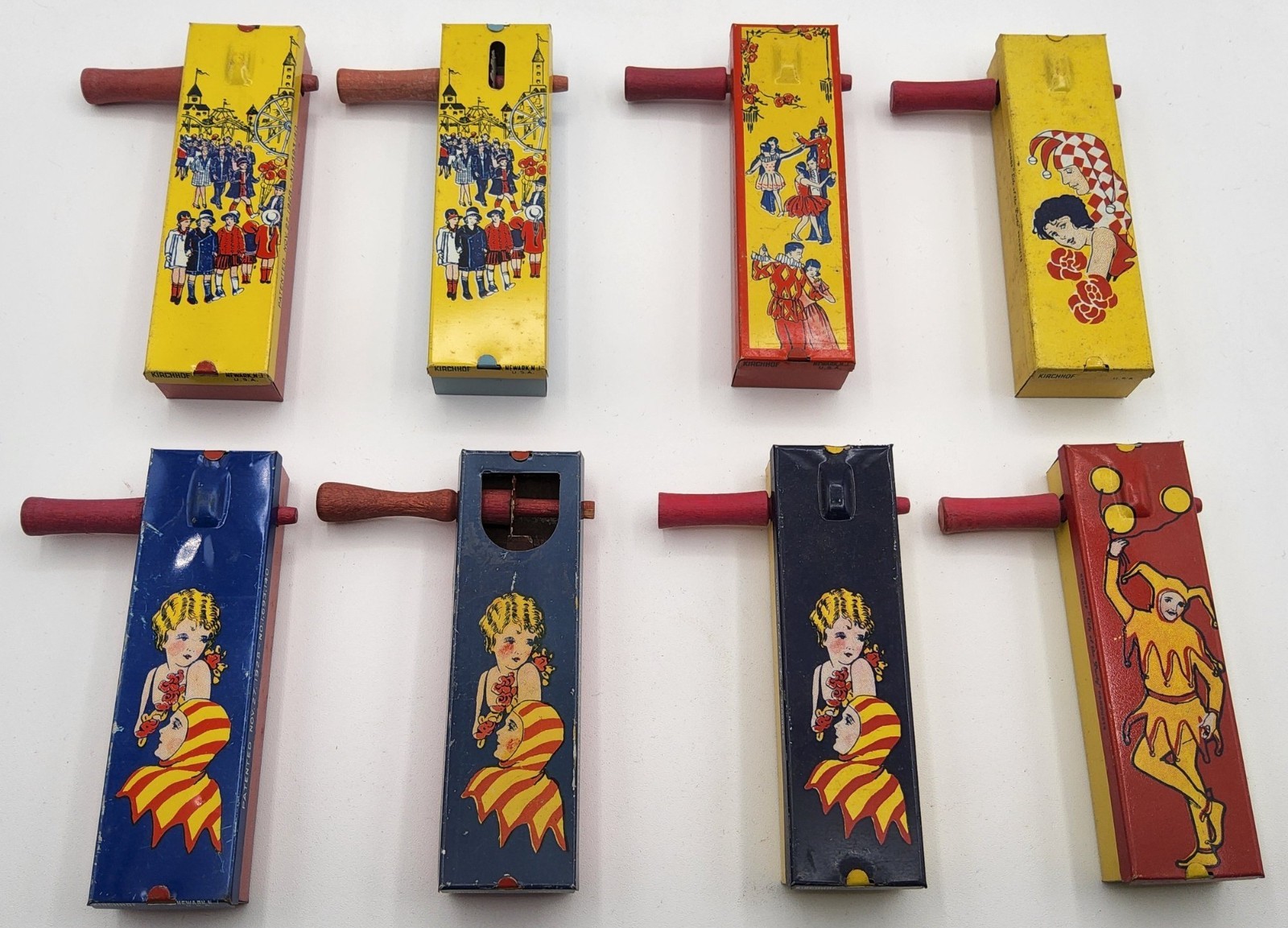 8 Antique 1920\'s-1930\'s Kirchof Tin Lithograph Crank Ratchet Noisemakers Lot