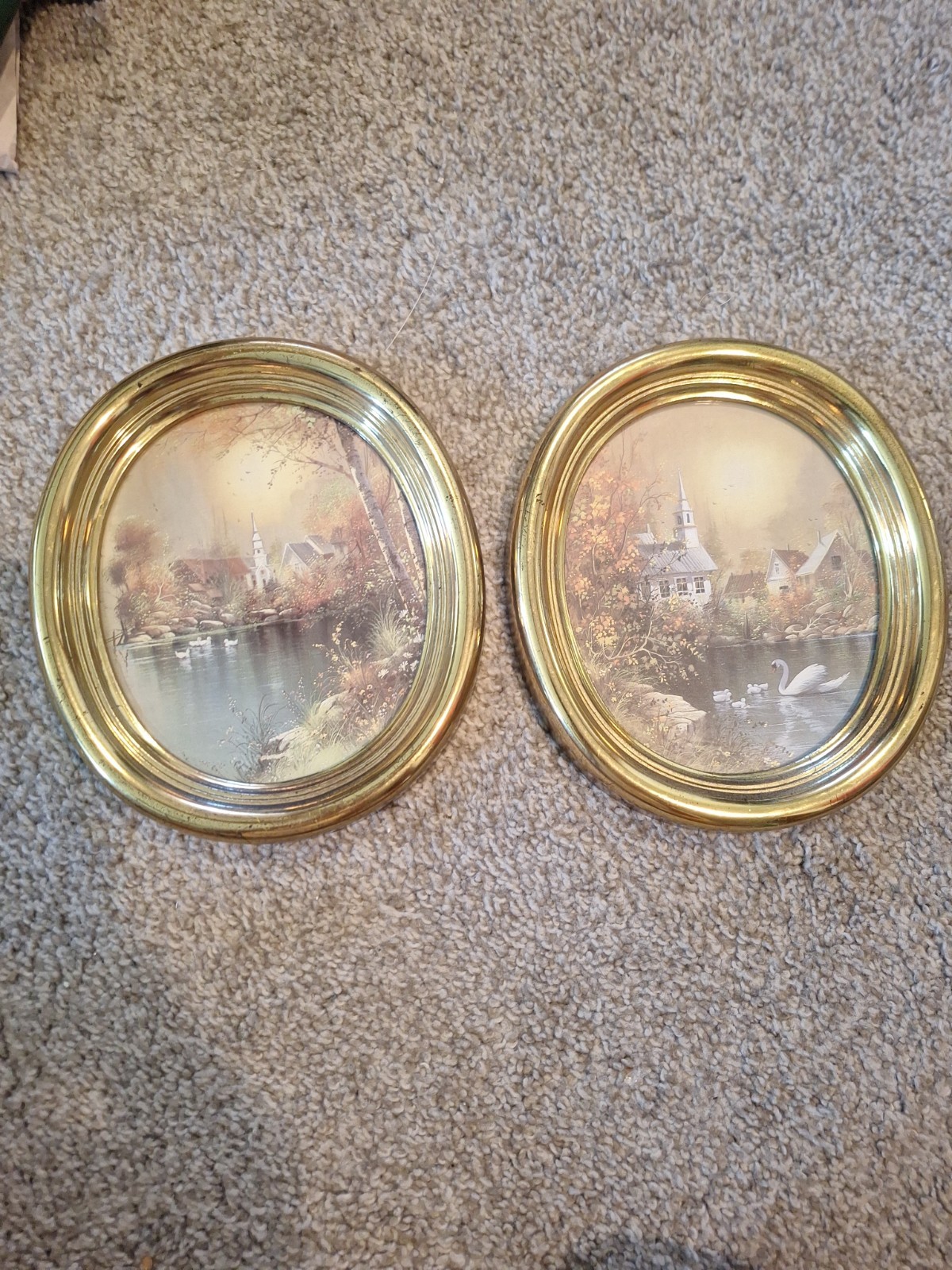 Vintage Homco Oval Gold Framed Wall Art Set of 2 Autumn Church Landscape Swans