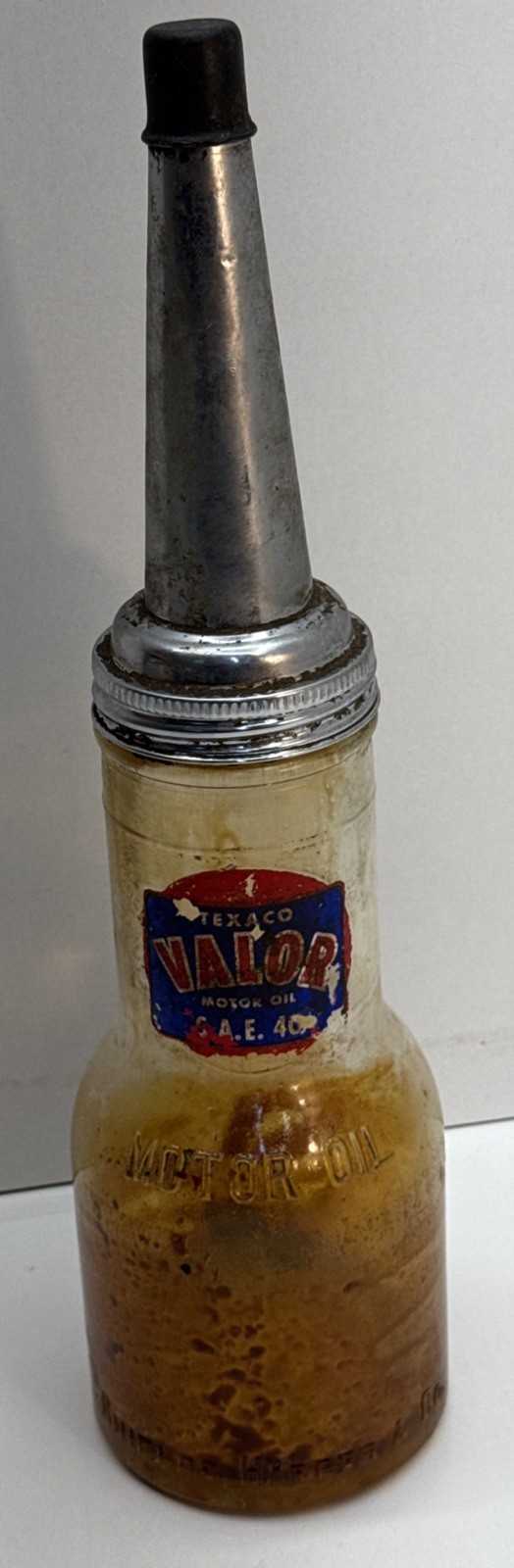 Rare Texaco-Valor Glass Quart Oil Bottle With Spout Cap Untouched S/F Oakland