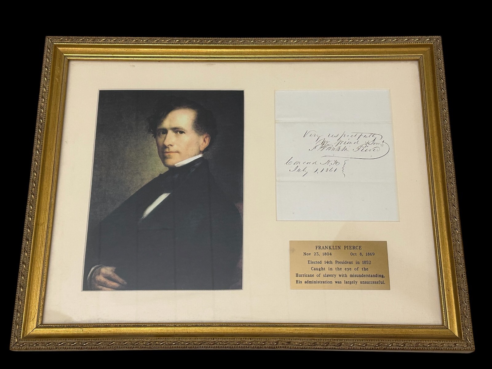 Franklin Pierce 14th US President NH Senator Signed Autograph Note Photo Frame