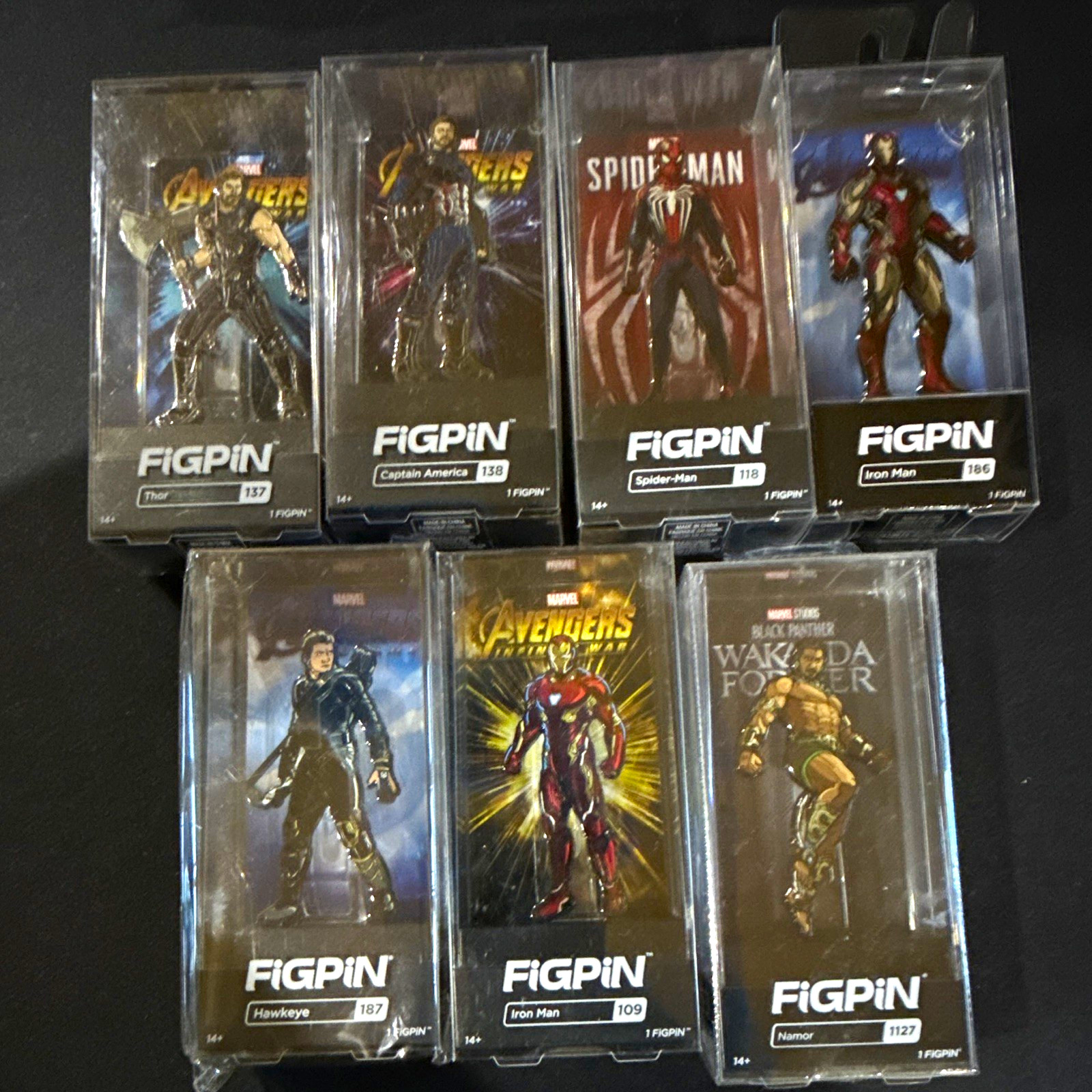 FiGPiN Marvel 7pc Pin set - Spiderman, Thor, Ironman, Namor