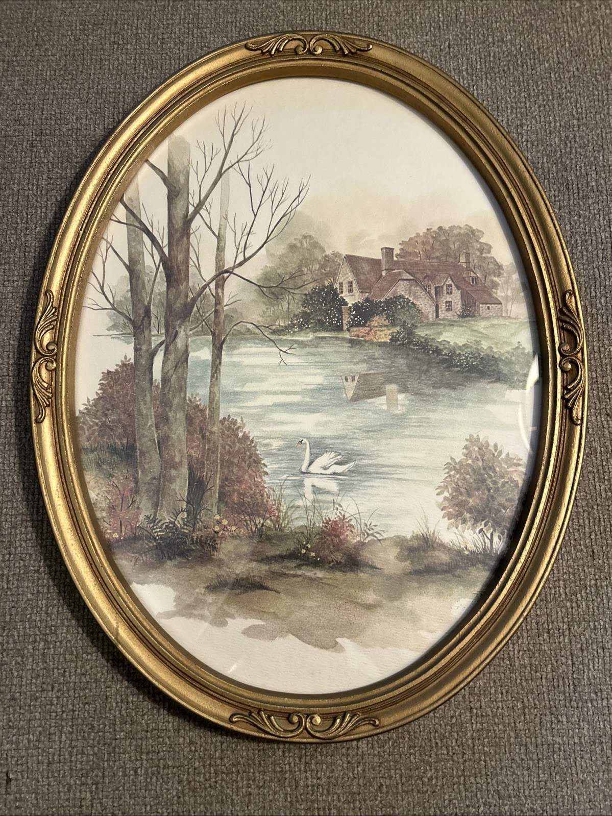 VTG MCM  Homco Gold Oval Framed Watercolor Print  “Cottage Pond” 1983 17x13”