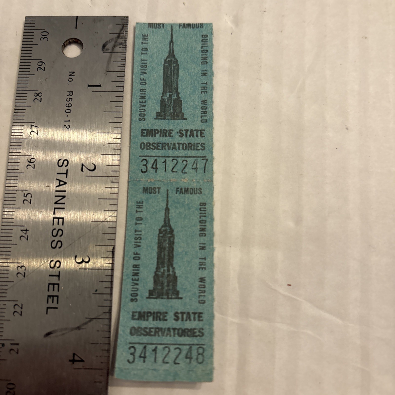 2 Vintage 1990's Empire State Building Observation Ticket Stub - Blue Version