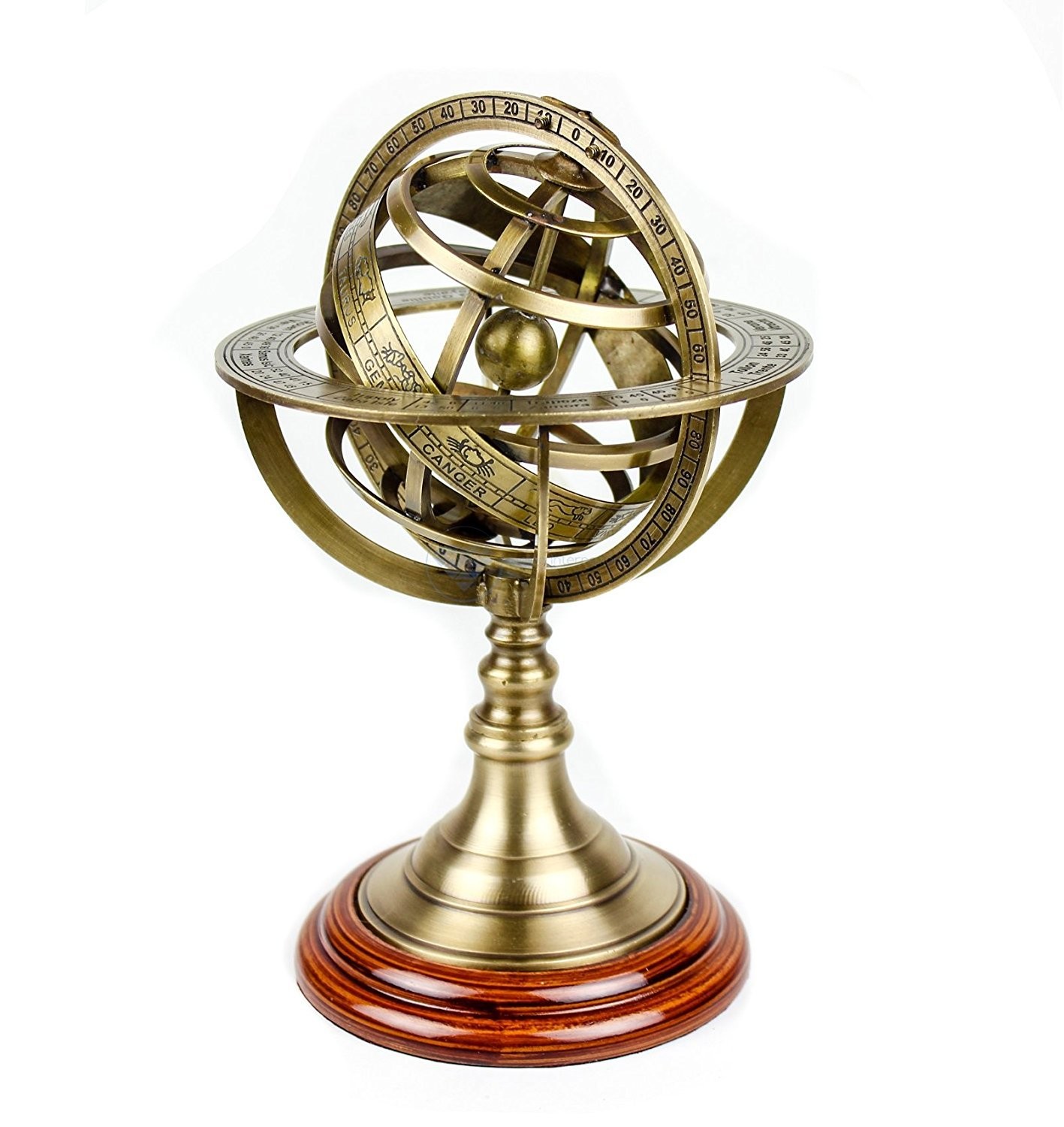 Antique Vintage Zodiac Armillary Brass Sphere Globe Wooden Display Pirate's