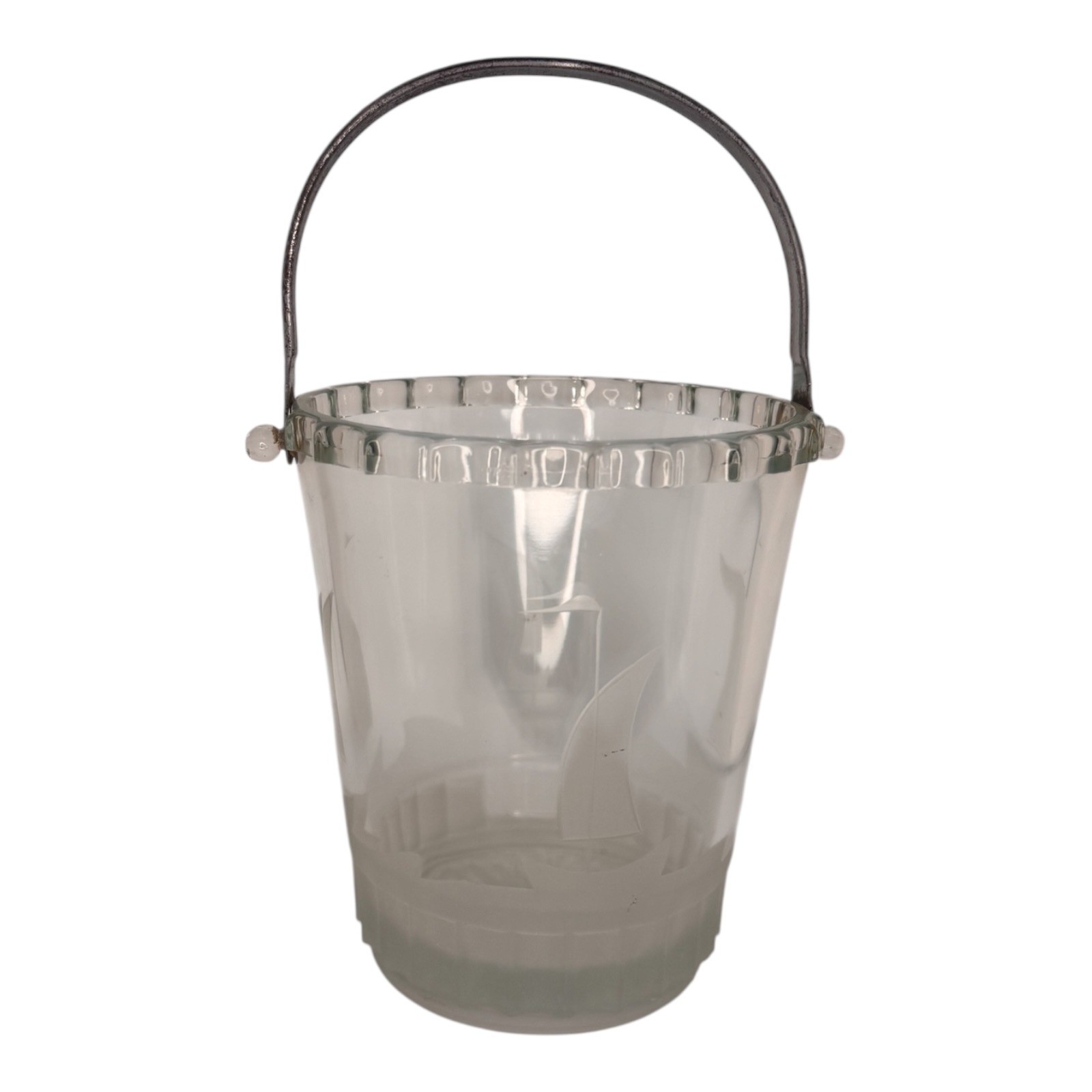 Vintage Etched Glass Sailboat Ice Bucket with Hammered Metal Handle Nautical