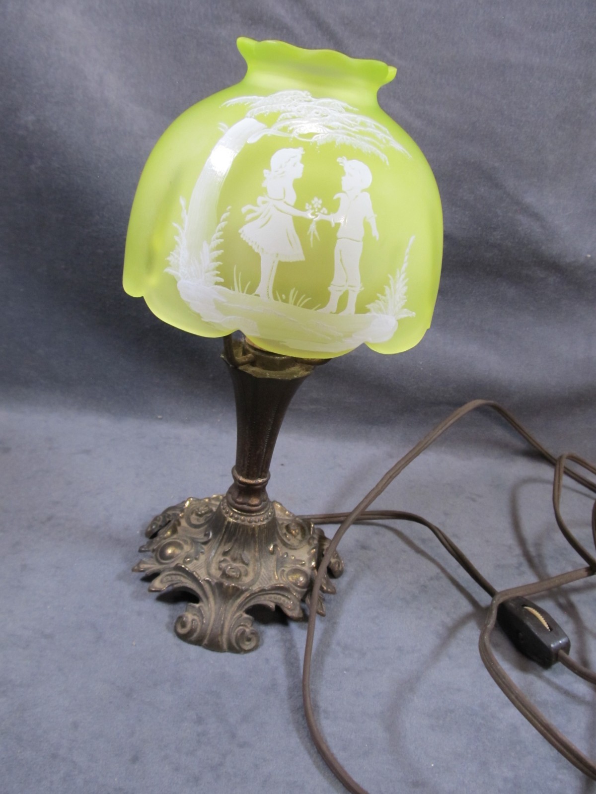 Westmoreland  Glass Hand Painted Mary Gregory Vaseline  Electric Lamp