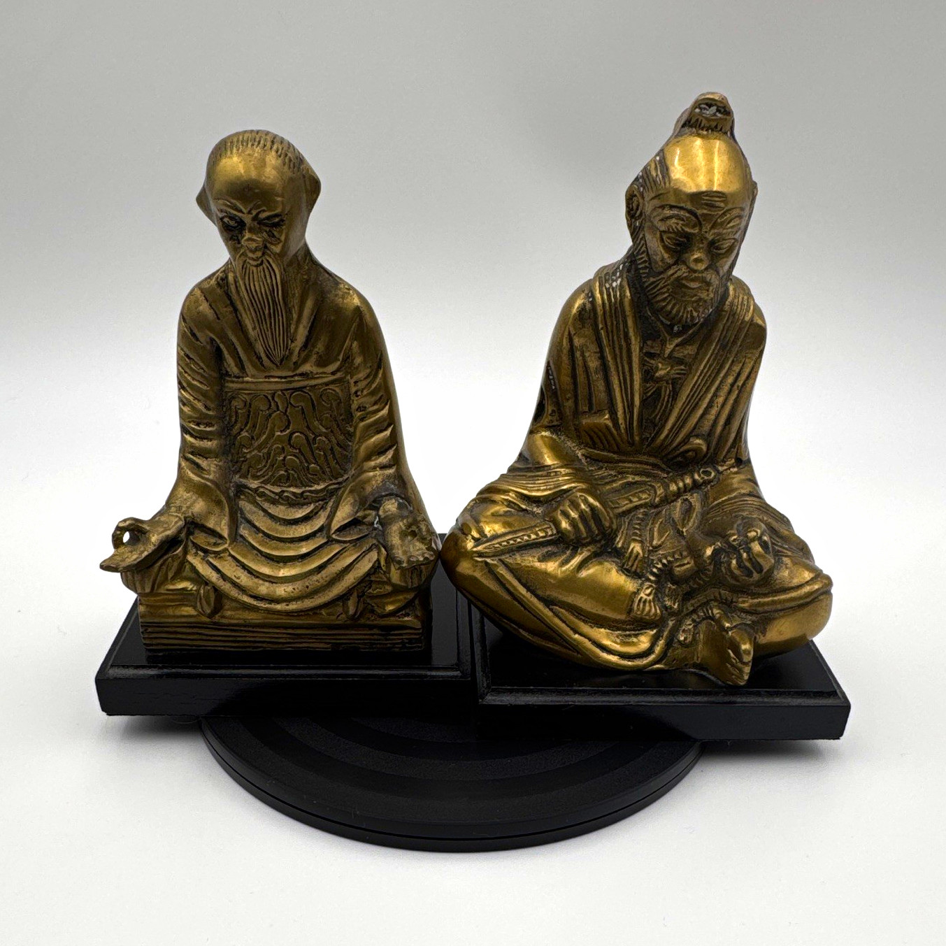 Vtg Mid-Century Brass Asian Figurine Set Seated Samurai & Scholar Wooden Base 